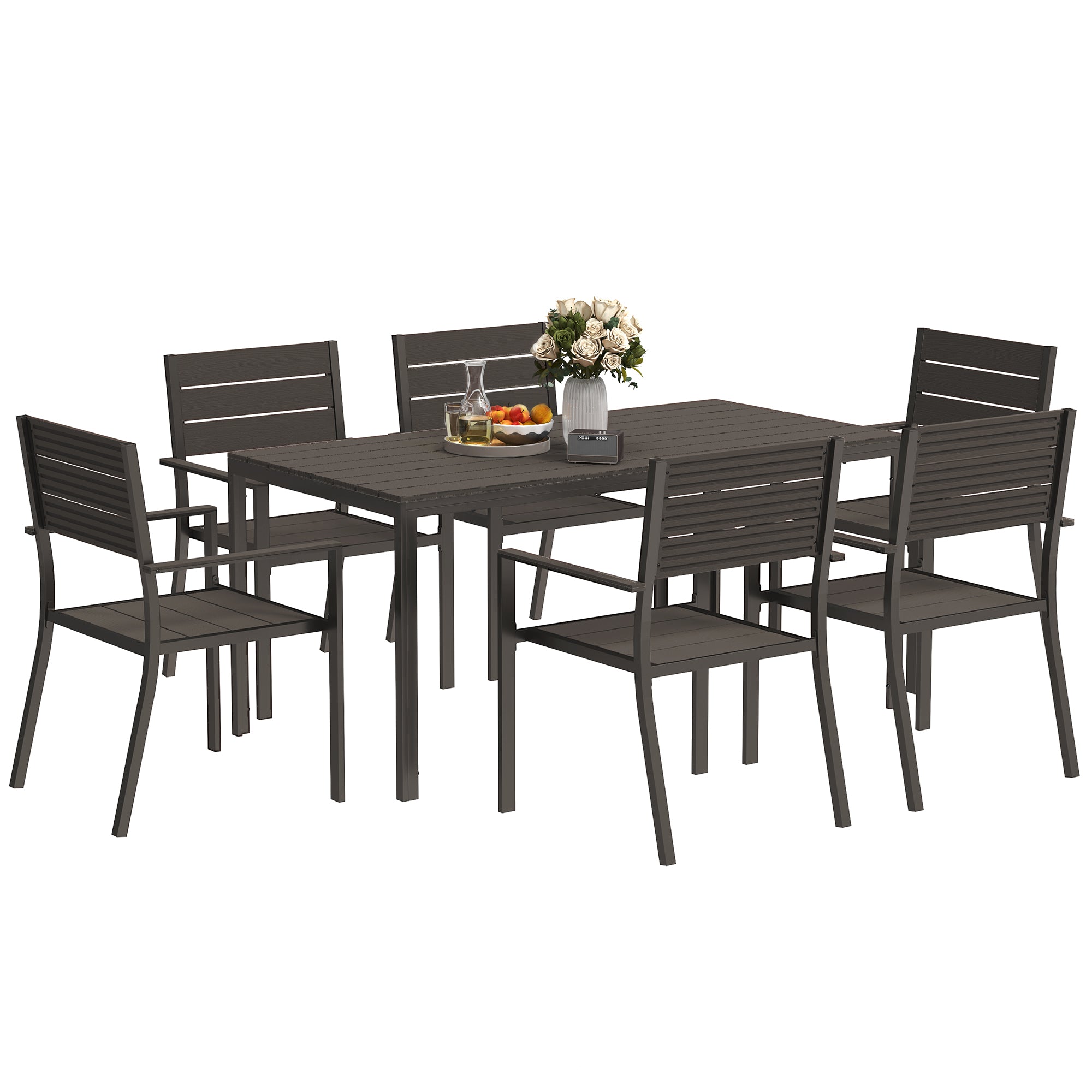 Outsunny 7 Piece Garden Furniture Set, 160 x 80 cm Rectangle Table and 6 Stackable Chairs Set, Outdoor Dining Set for Balcony, Deck, Dark Brown - North Peak Garden Furniture