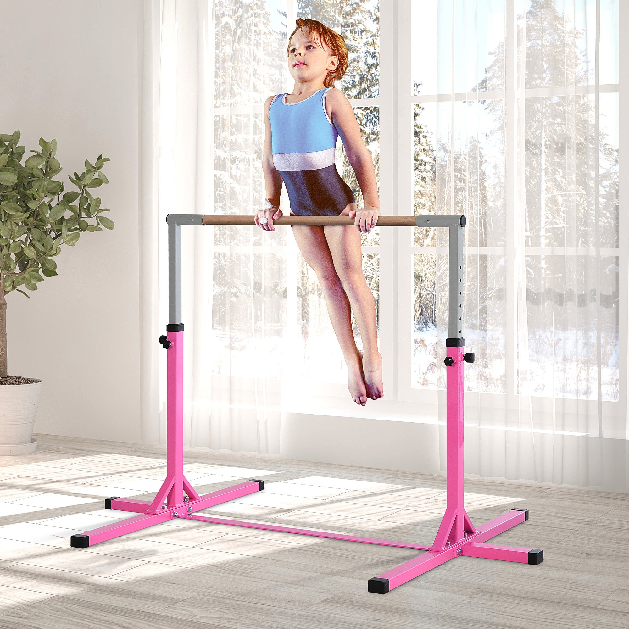 HOMCOM Height Adjustable Gymnastics Horizontal Bar For Kids Home Gym Training Children Junior Kip High Bar Fitness Pink - North Peak Garden Furniture