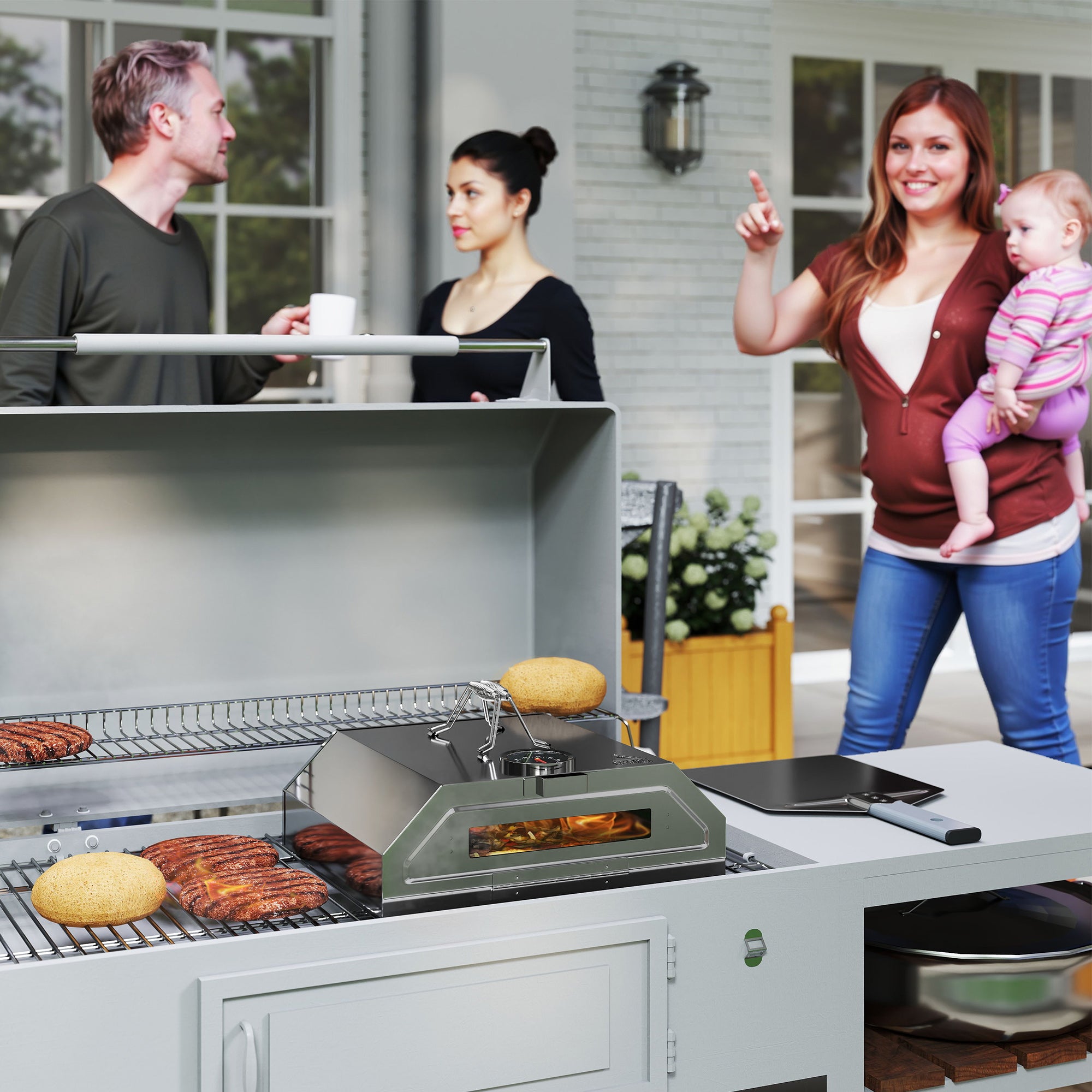 Outsunny 8 in Portable Stainless Steel BBQ Grill Top Pizza Oven with Built-in Thermometer and Viewing Window for Gas and Charcoal BBQ Grills, Includes Carry Handles, Pizza Stone and Peel, Silver Tone - North Peak Garden Furniture