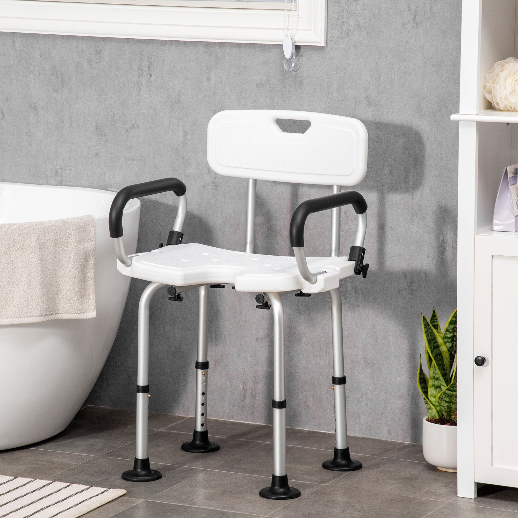 HOMCOM Shower Chair for the Elderly and Disabled, Height Adjustable Shower Stool with Back and Flipped Padded Arms, Suction Foot Pads, White - North Peak Garden Furniture
