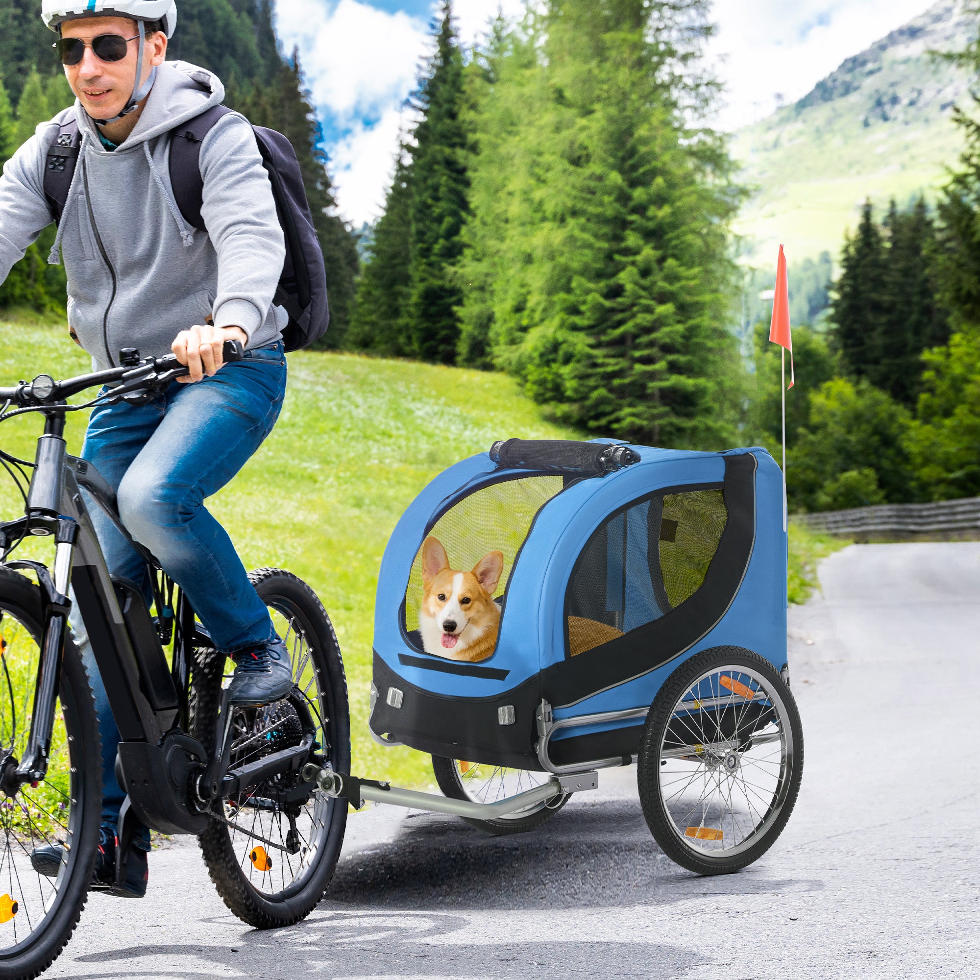 PawHut Steel Dog Bike Trailer Pet Cart Carrier for Bicycle Kit Water Resistant with Hitch Coupler Travel Black and Blue - North Peak Garden Furniture