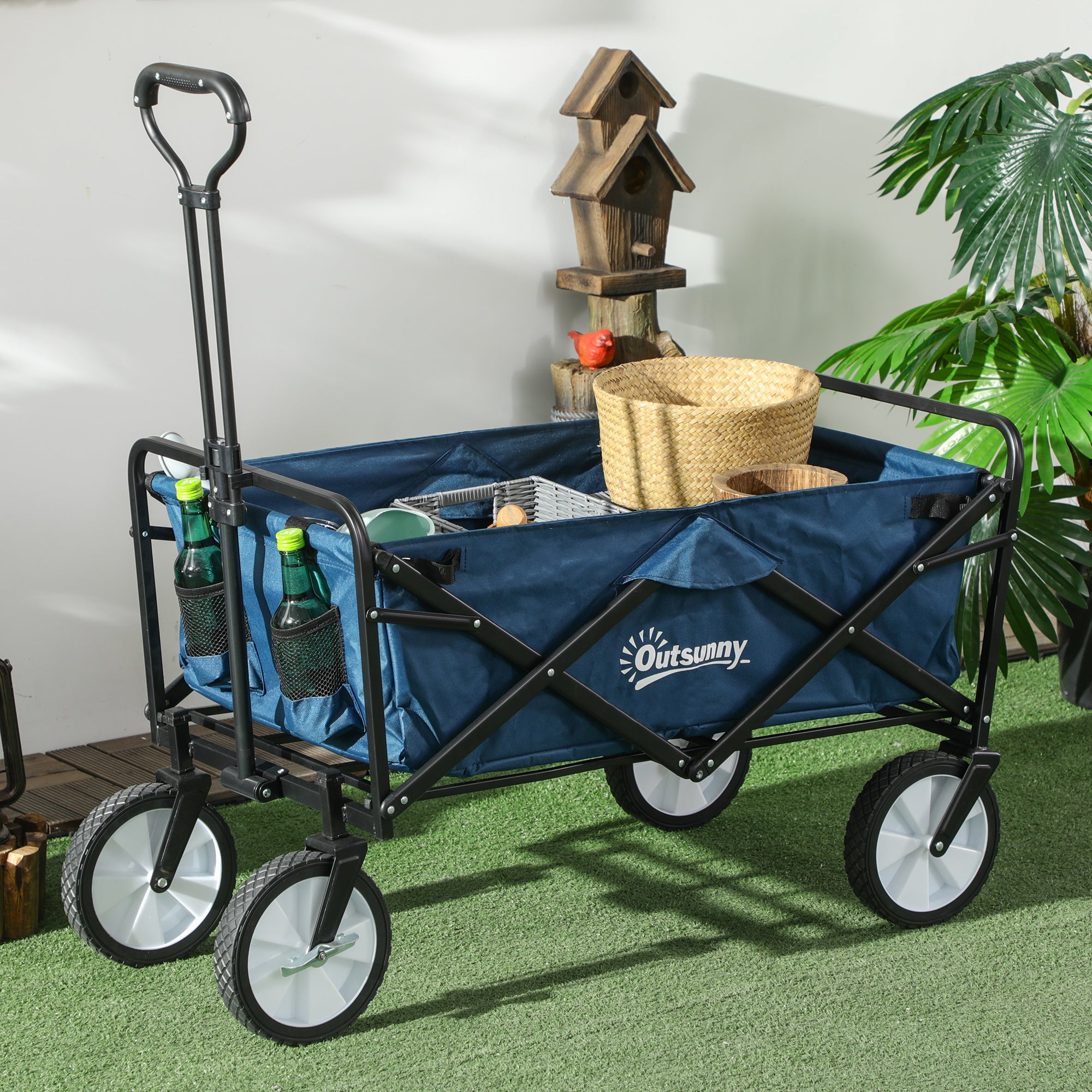 Outsunny 90L Folding Garden Trolley Cart Pull Along Wagon with Telescopic Handle for Beach Camping Festival - Navy Blue - North Peak Garden Furniture
