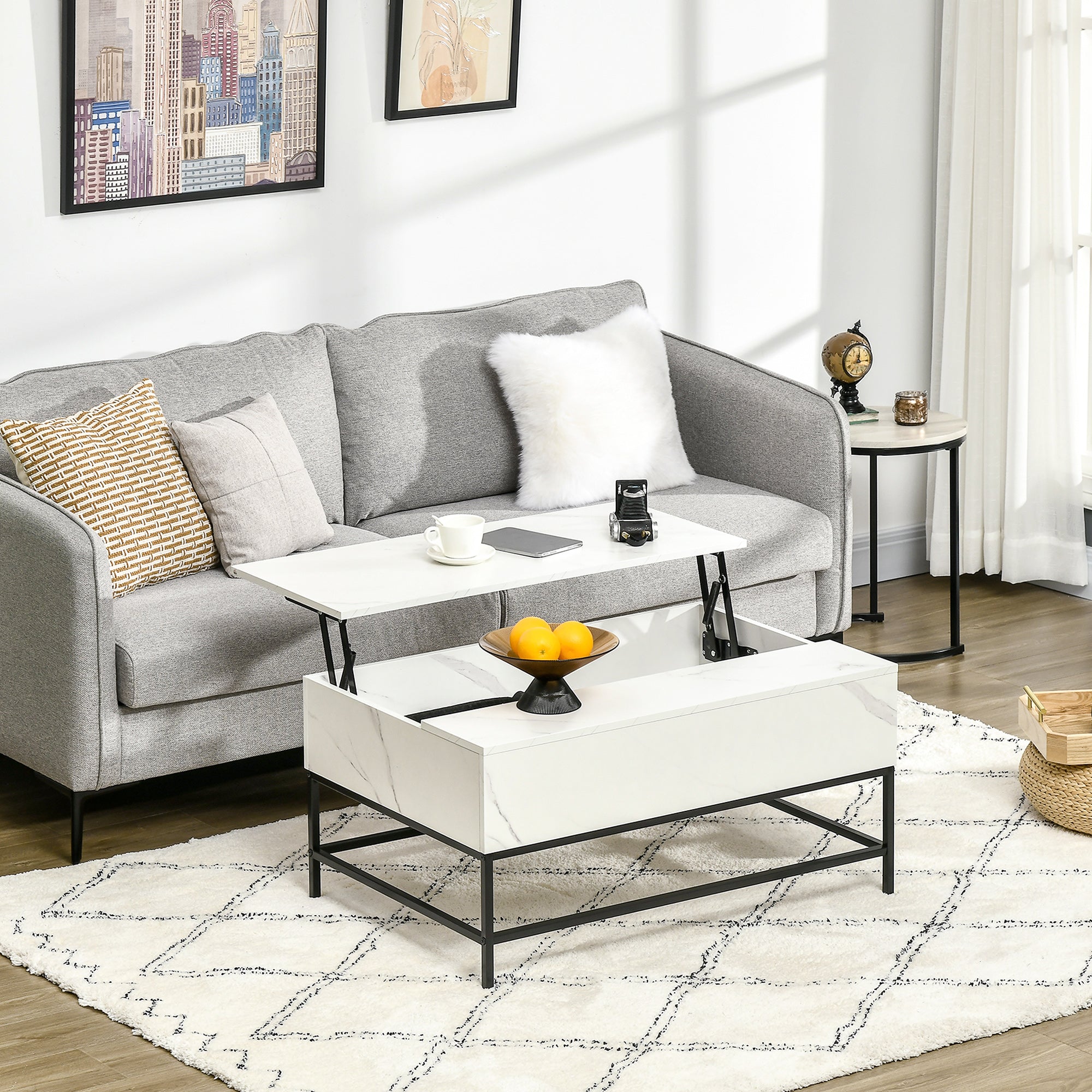 HOMCOM Modern Lifting Coffee Table with Hidden Compartment, Storage Coffee Table for Living Room, Faux Marble White - North Peak Garden Furniture
