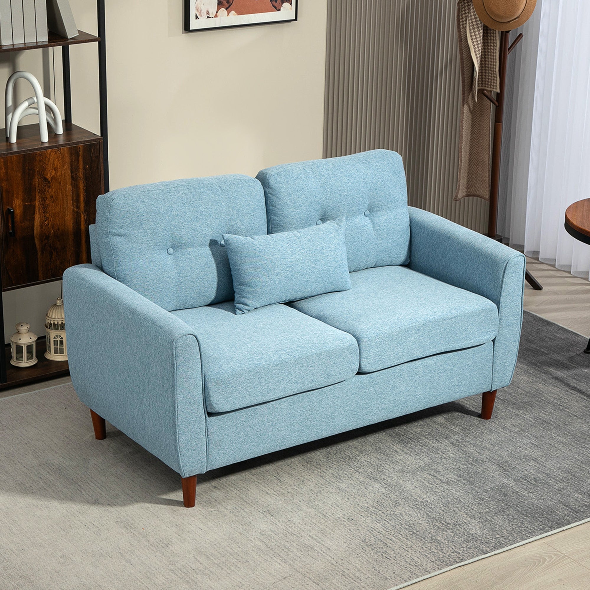 HOMCOM 2 Seater Sofa Double Sofa Loveseat Fabric Wooden Legs Tufted Design for Living Room, Dining Room, Office, Light Blue - North Peak Garden Furniture