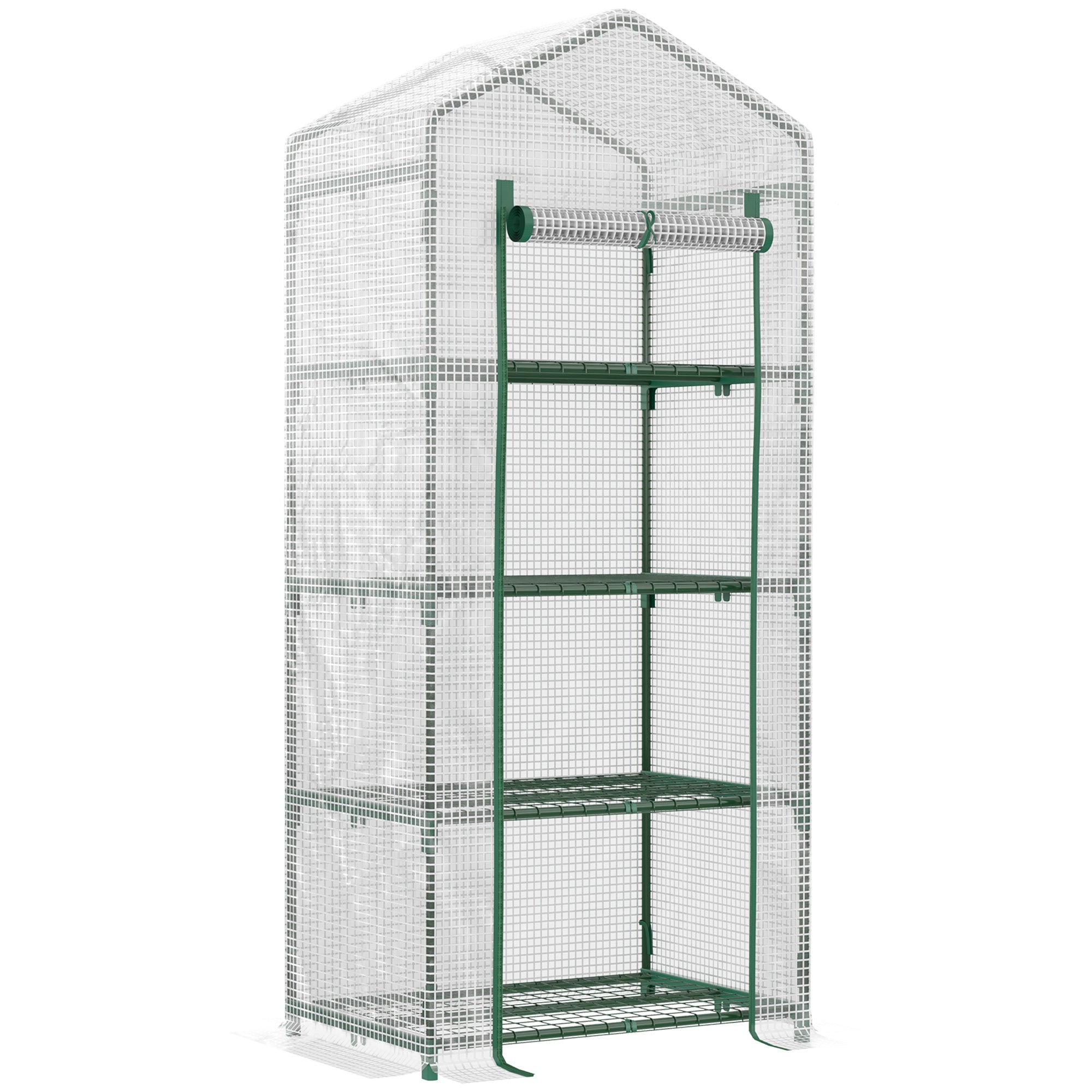 Outsunny 4 Tier Mini Greenhouse, Portable Compact Green House with Steel Frame, PE Cover, Roll-up Door, 70 x 50 x 160 cm, White - North Peak Garden Furniture