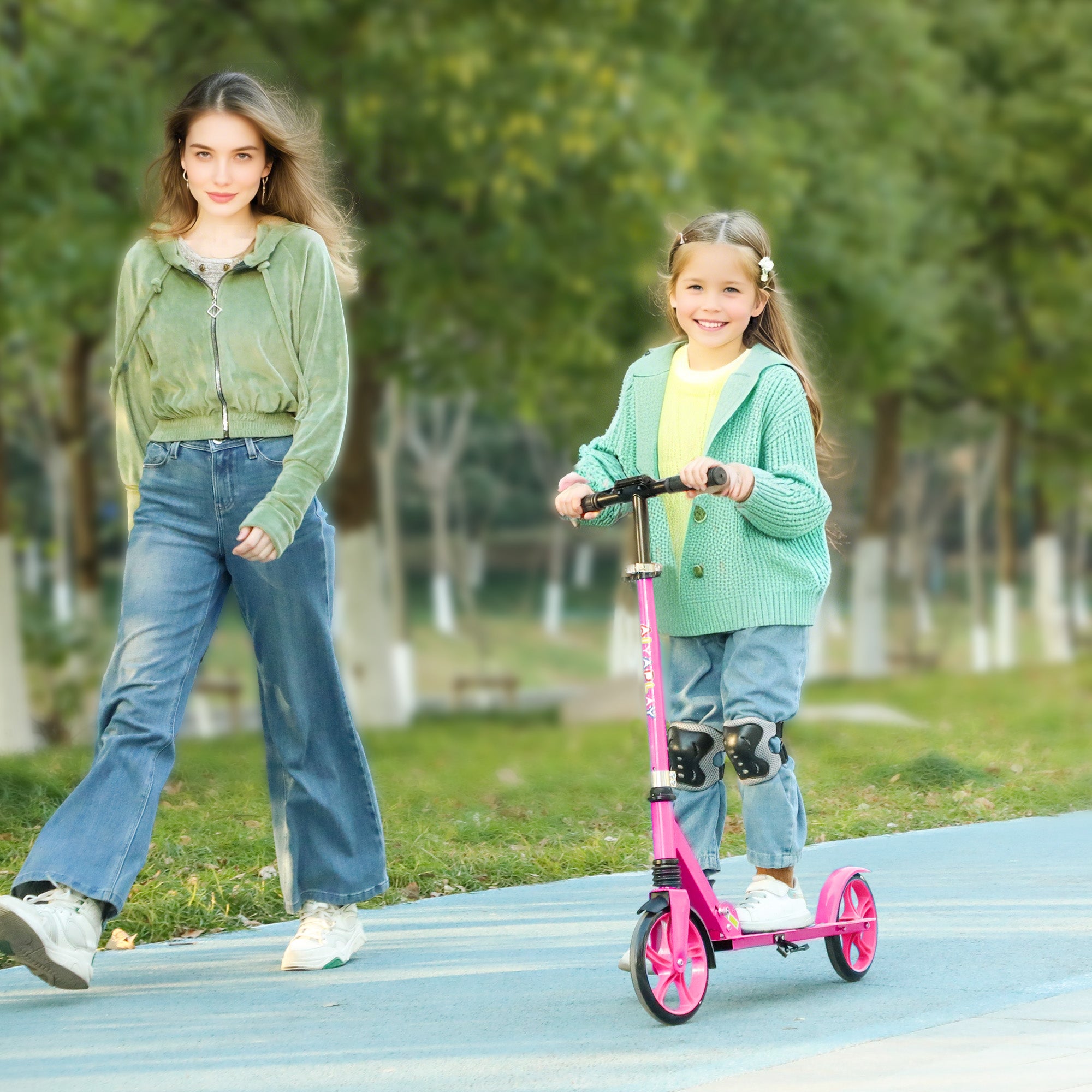 AIYAPLAY Foldable Kids Scooter with Adjustable Handlebar, 200mm Big Wheel, Rear Fender Brake, Gift for Ages 6-12 Years, Pink - North Peak Garden Furniture