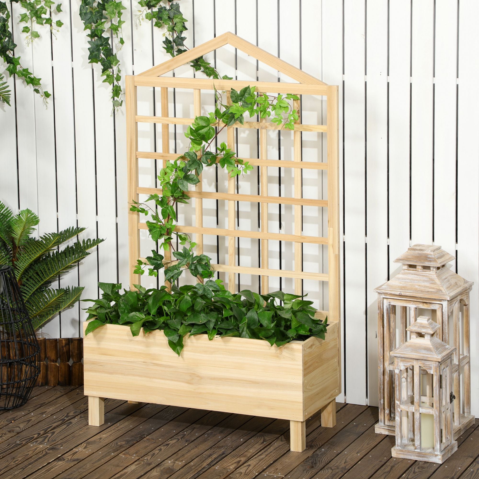 Outsunny Garden Planters with Trellis for Vine Climbing, Distressed Wooden Raised Beds, 90x43x150cm, Natural Tone - North Peak Garden Furniture