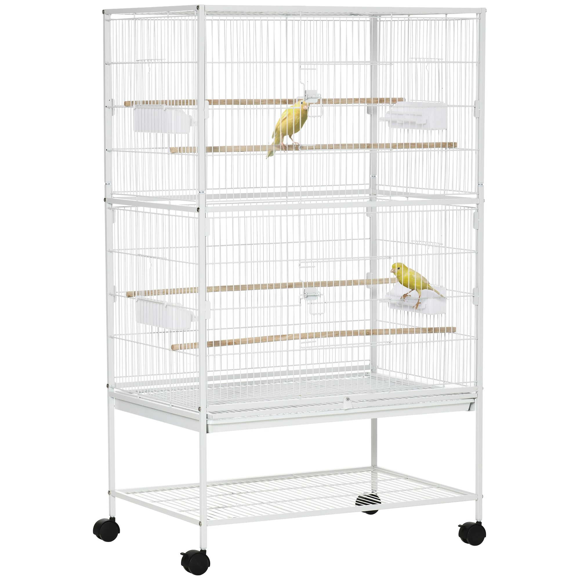 PawHut Large Bird Cage Budgie Cage for Finch Canaries Parakeet with Rolling Stand, Slide-out Tray, Storage Shelf, Food Containers, White - North Peak Garden Furniture