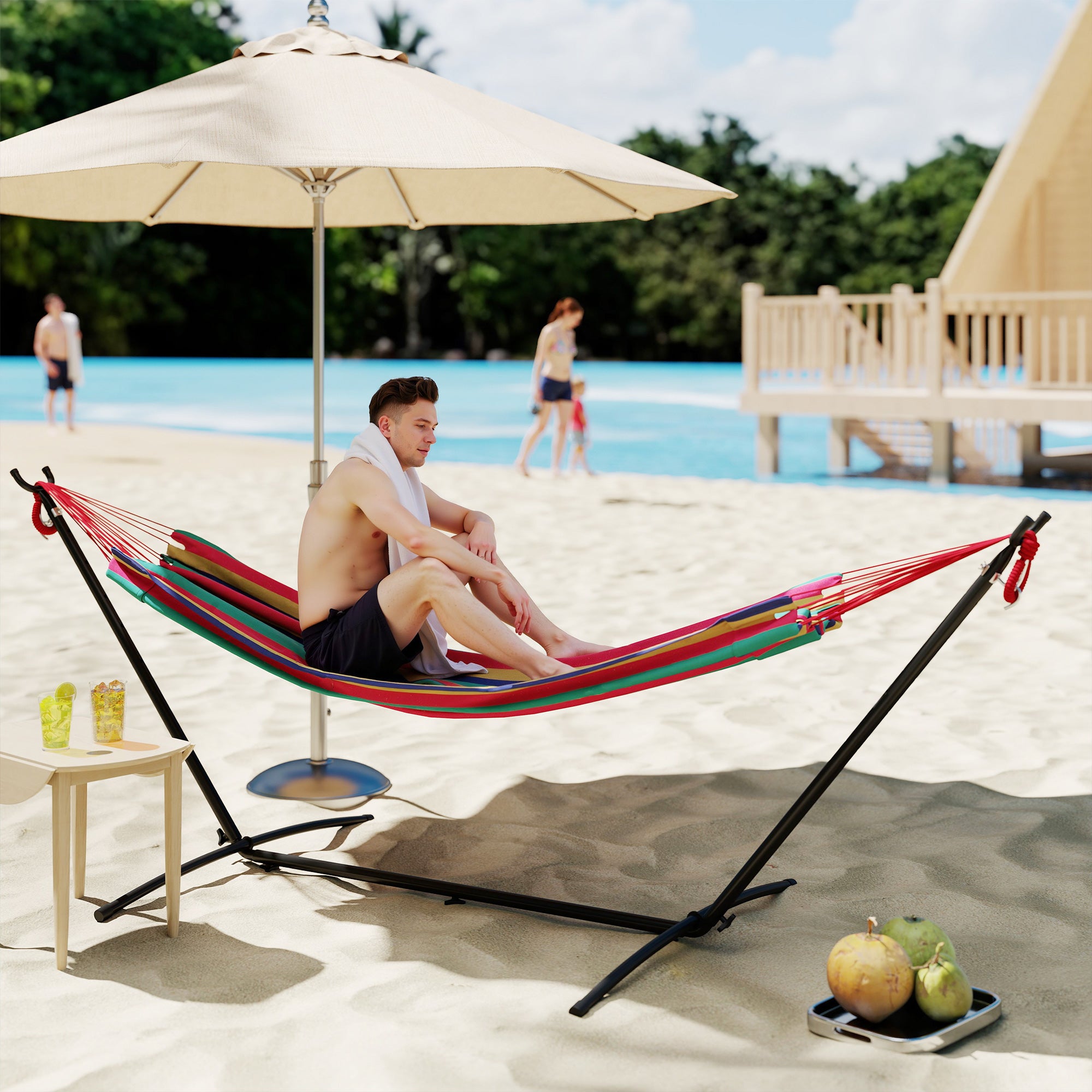 Outsunny 298 x 117cm Hammock with Stand Camping Hammock with Portable Carrying Bag, Adjustable Height, 120kg Load Capacity, Multicolour