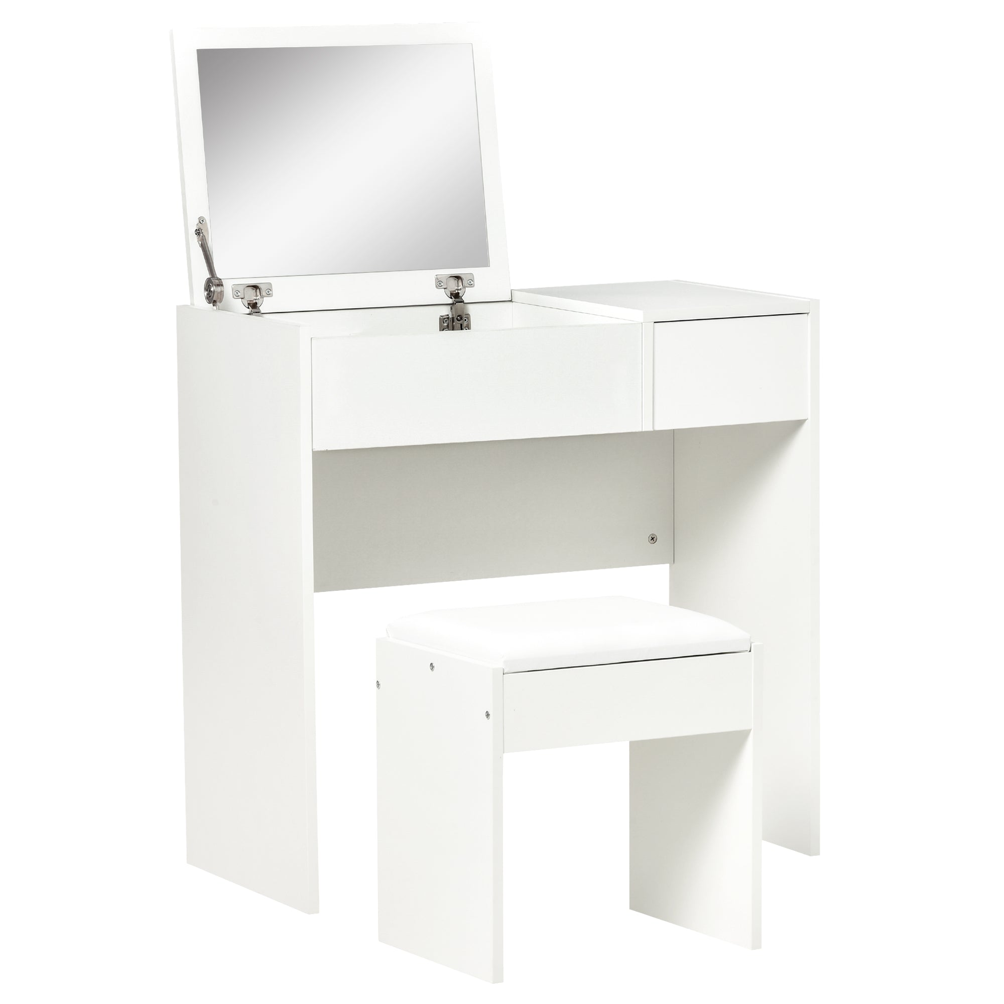 HOMCOM Makeup Desk with Drawer, Vanity Table Set with Flip-up Mirror and Cushioned Stool, White - North Peak Garden Furniture