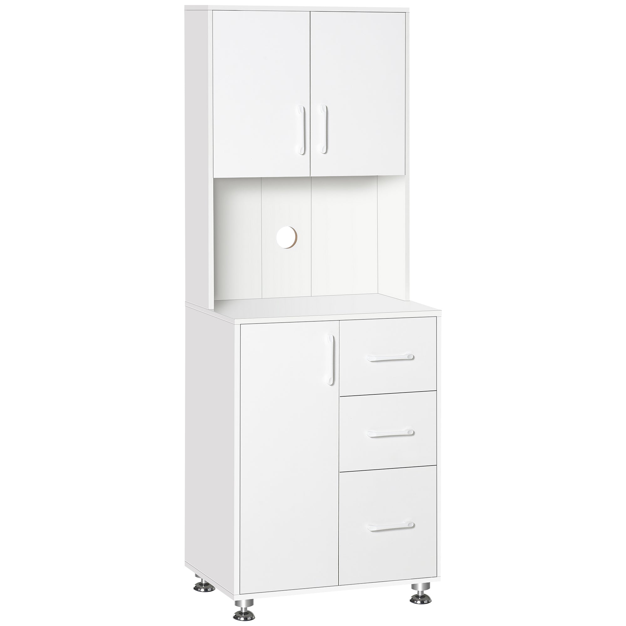 HOMCOM Modern Kitchen Cupboard with Storage Cabinets, 3 Drawers and Open Countertop for Living Room, White - North Peak Garden Furniture