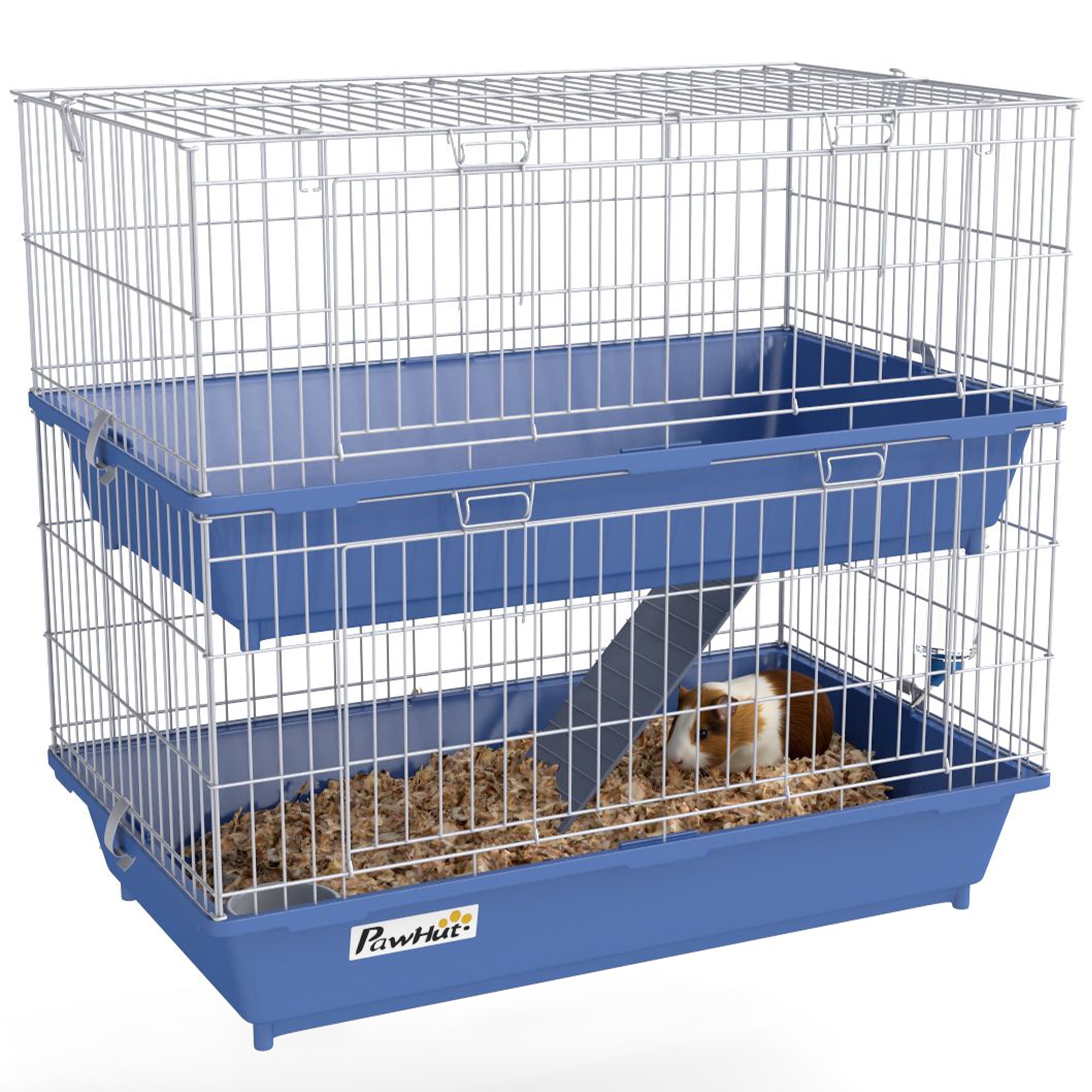 PawHut Double Tier Small Animal Cage Rabbit Chinchillas Cage w/ Ramp Food Dish Water Bottle Deep Trays Pet Home 72 x 44 x 67 cm - North Peak Garden Furniture
