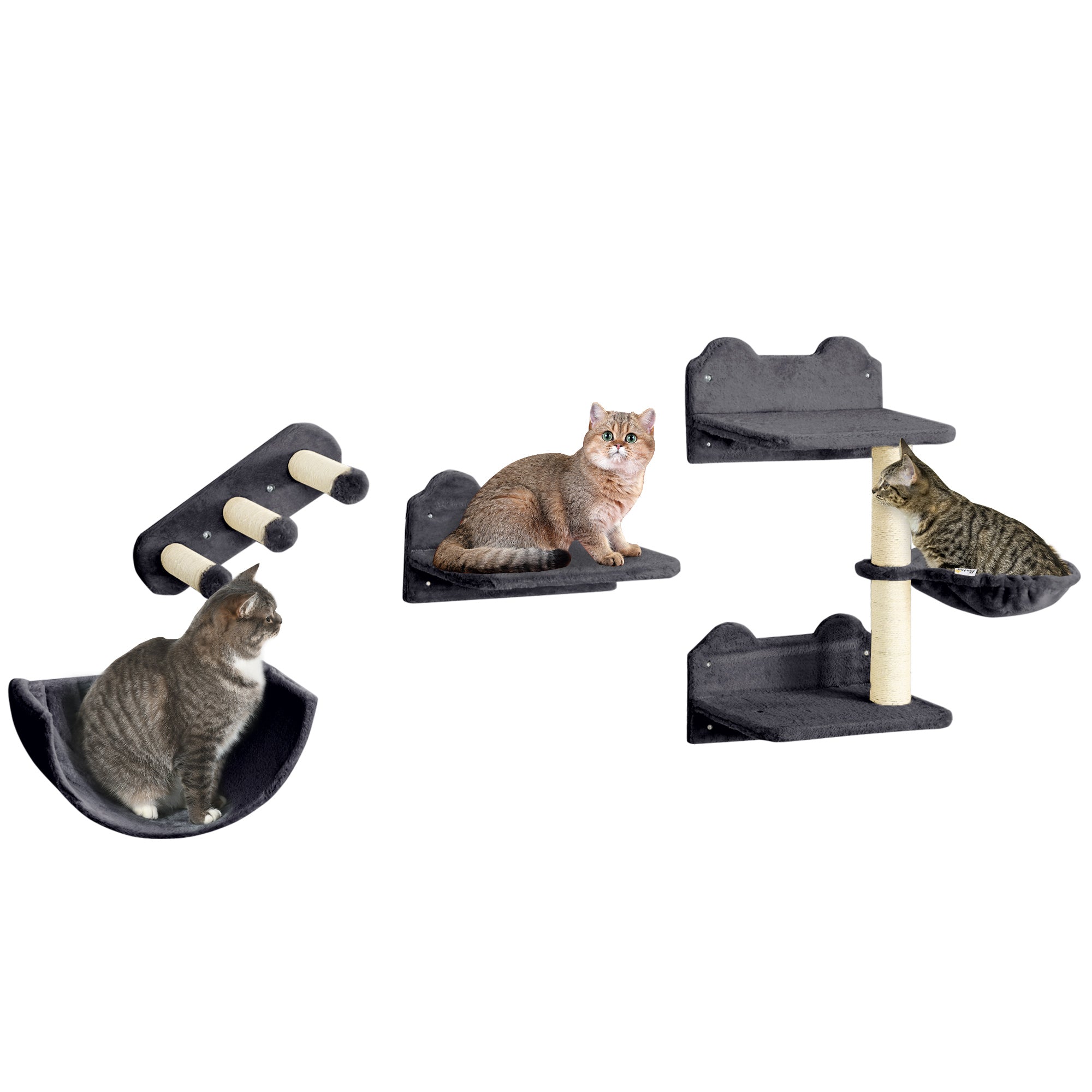 PawHut 4PCs Wall-Mounted Cat Shelves w/ Scratching Post, Hammock, Nest - Dark Grey - North Peak Garden Furniture