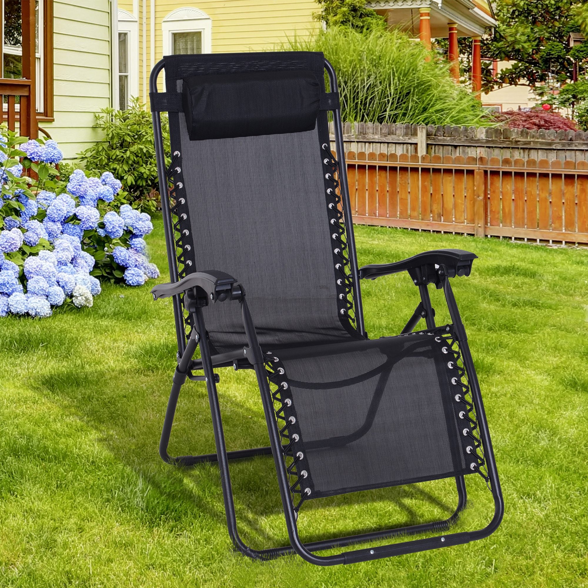 Outsunny Zero Gravity Chair Metal Frame Texteline Armchair Outdoor Folding and Reclining Sun Lounger with Head Pillow for Patio Decking Gardens Camping, Black - North Peak Garden Furniture