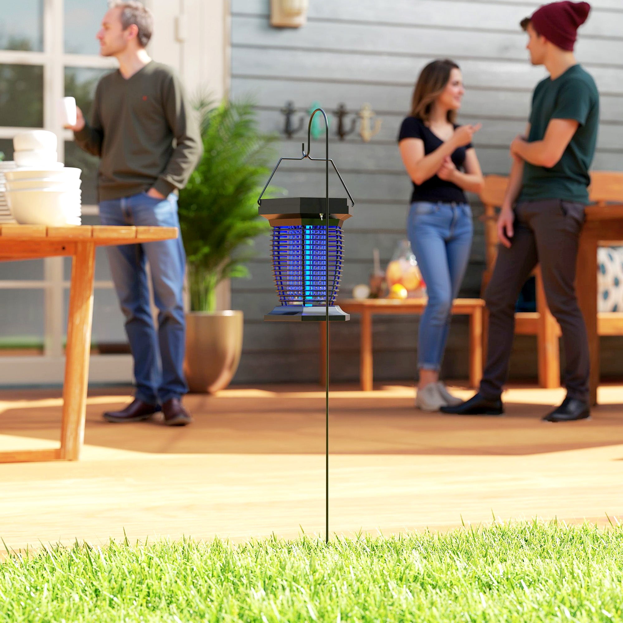 Outsunny 2-in-1 Electric Fly Zapper with UVA Light, Hanging Garden Lantern, Solar and USB-DC Rechargeable Insect Mosquito Bug Zapper, Fly Killer for Indoor and Outdoor Use, Black - North Peak Garden Furniture