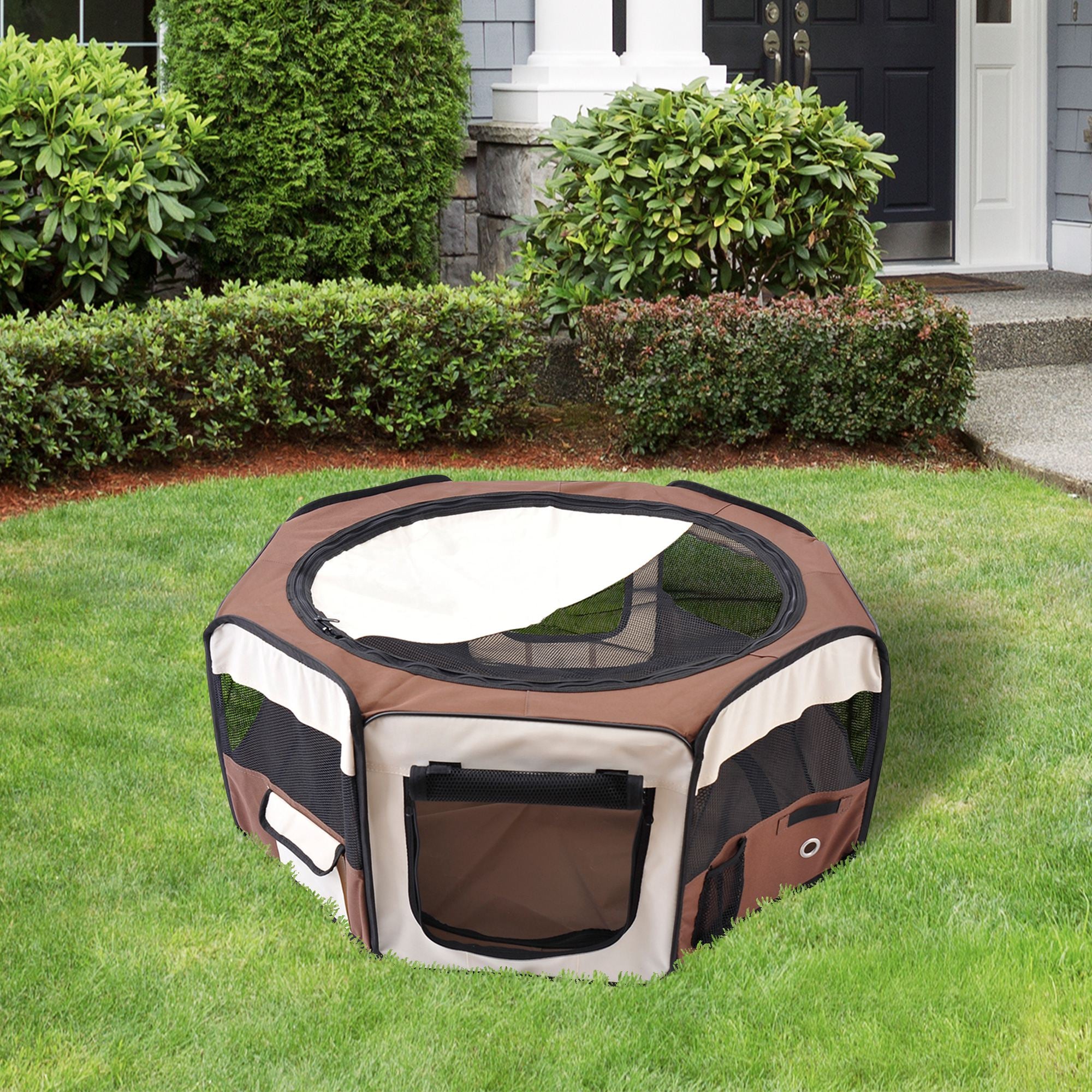 PawHut Portable Cat Dog Playpen Pet Puppy Rabbit Guinea Pig Pen Run Dia 90 x 41H cm Indoor & Outdoor Brown - North Peak Garden Furniture