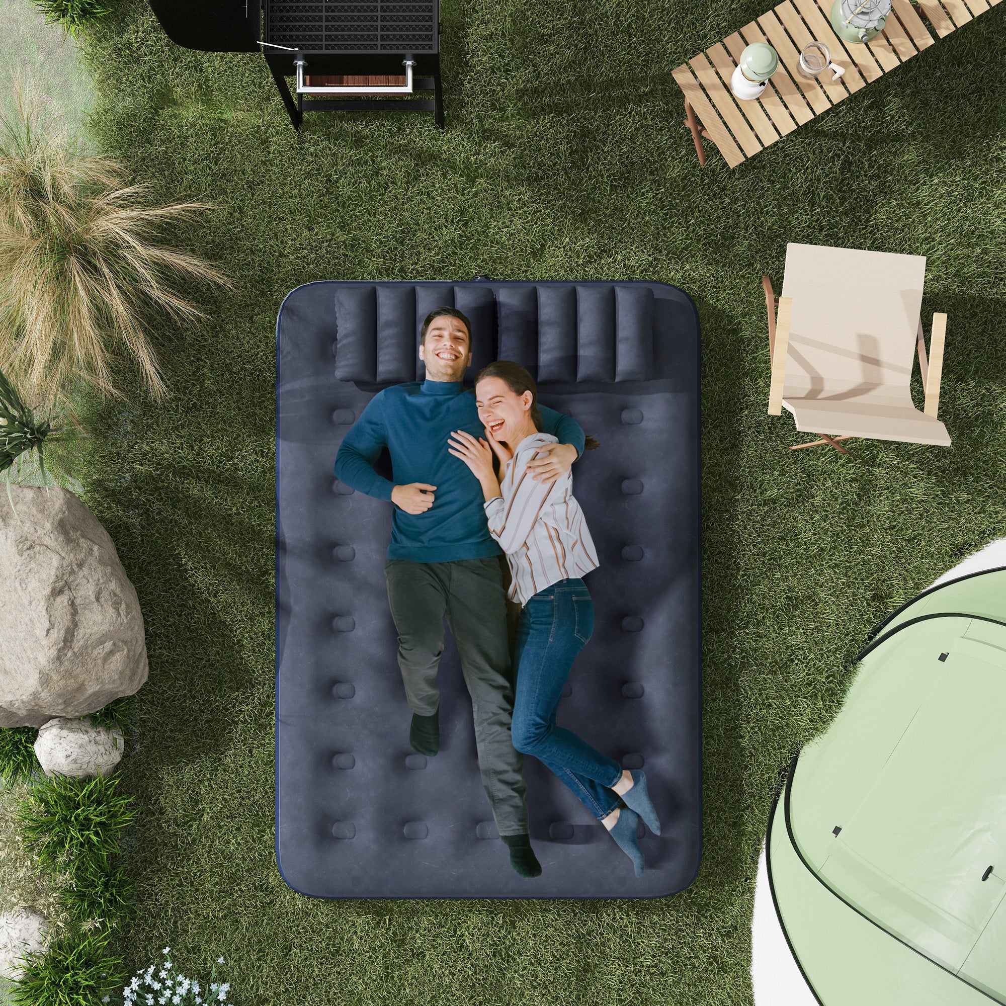 Outsunny Inflatable Double Air Bed, with Hand Pump - Blue - North Peak Garden Furniture