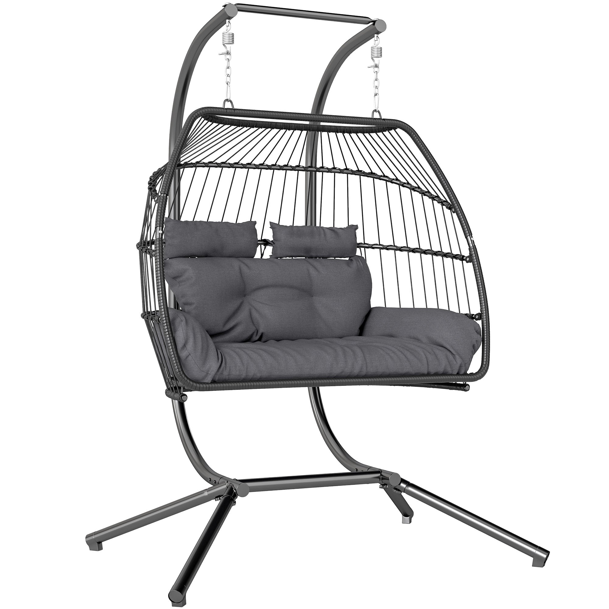 Outsunny Rattan Double Hanging Egg Chair with Stand, Foldable Wicker Swing Egg Chair with Cushion, Head Pillows, Steel Frame, Hammock Chair for Indoor Outdoor, Capacity 260 kg, Dark Grey - North Peak Garden Furniture
