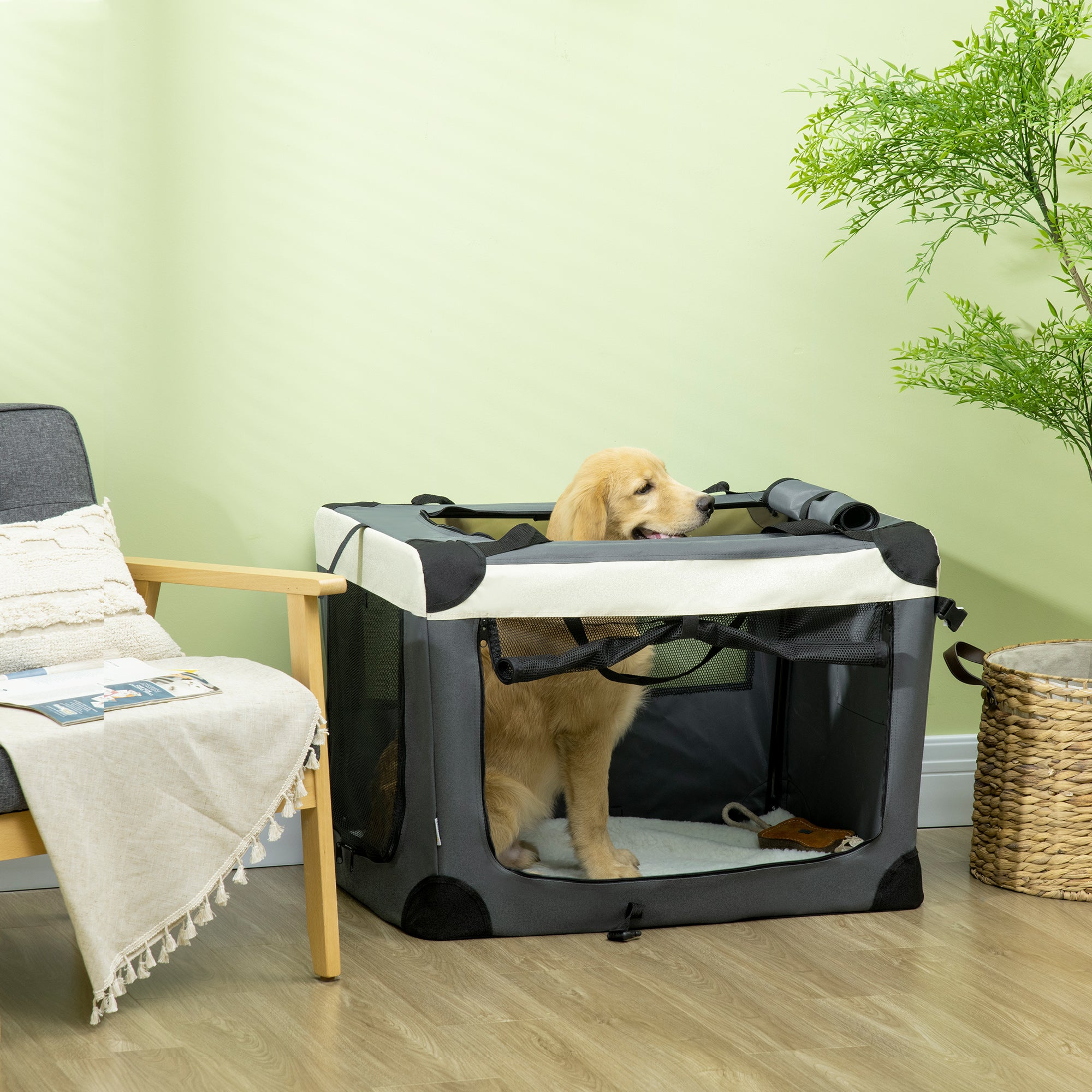 PawHut 81cm Foldable Pet Carrier, with Cushion, for Medium Dogs and Cats - Grey - North Peak Garden Furniture