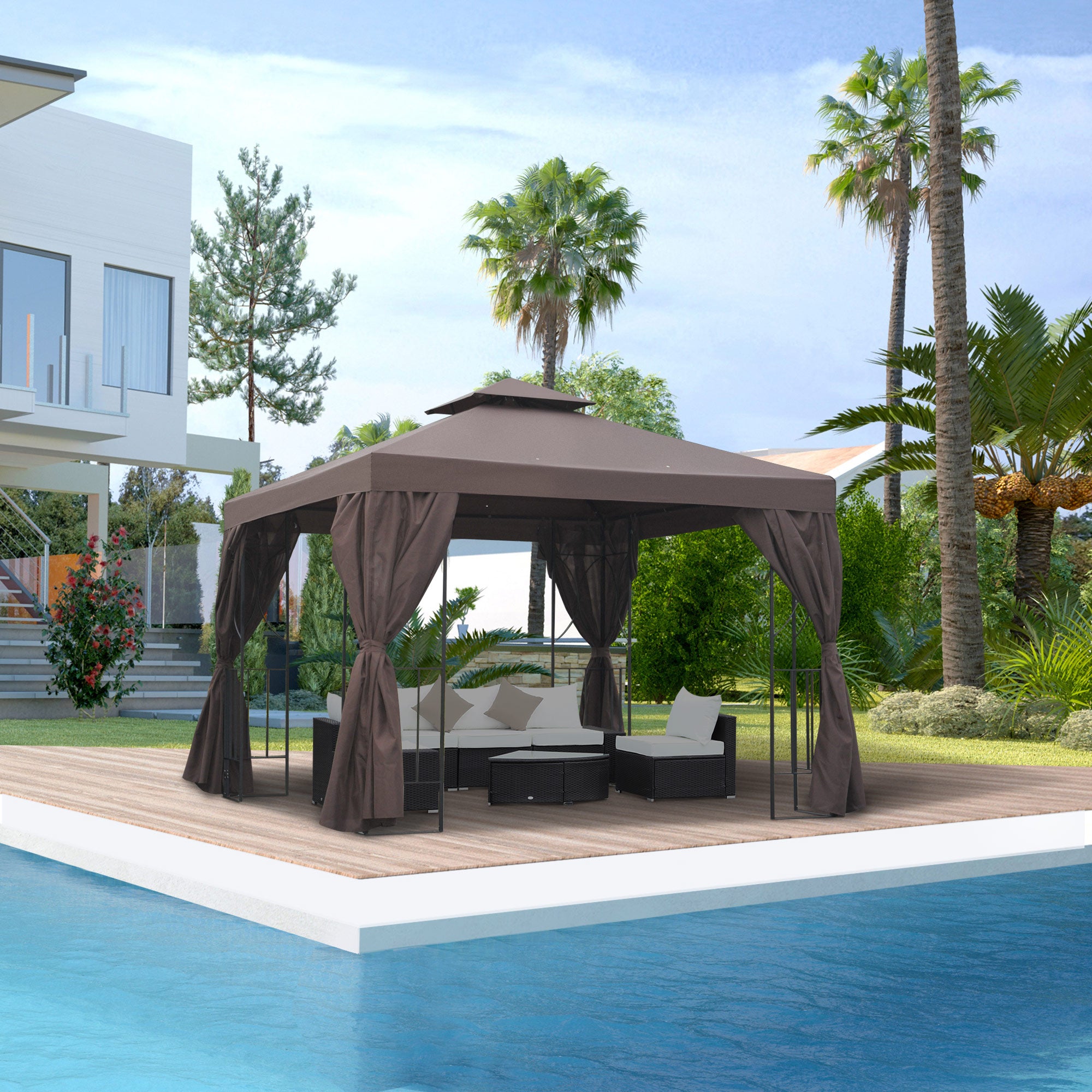 Outsunny 3 x 3 m Garden Gazebo Double Roof Marquee Patio Wedding Party Tent Canopy Shelter with Sidewalls, (Brown) - North Peak Garden Furniture