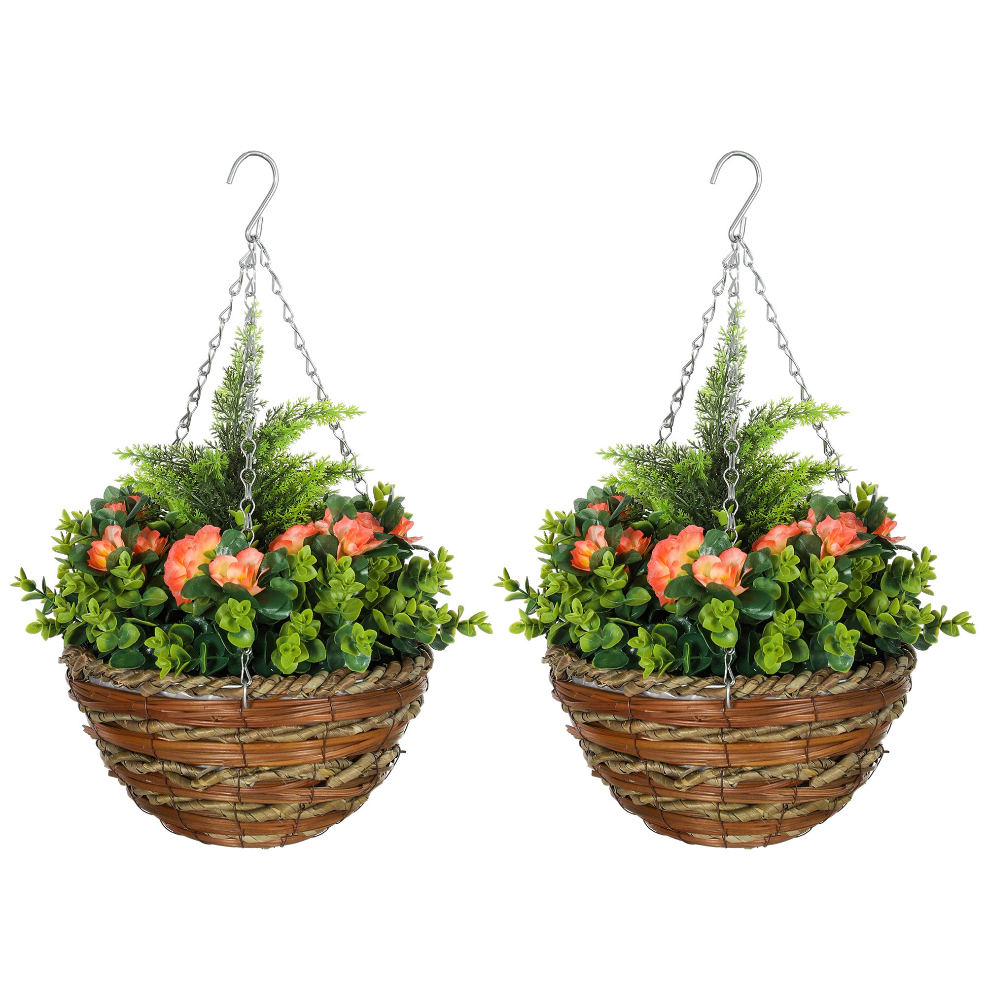 Outsunny Pack of 2 Faux Plant Artificial Lisianthus Flowers Hanging Planter with Basket for Indoor Outdoor Decoration, Orange - North Peak Garden Furniture