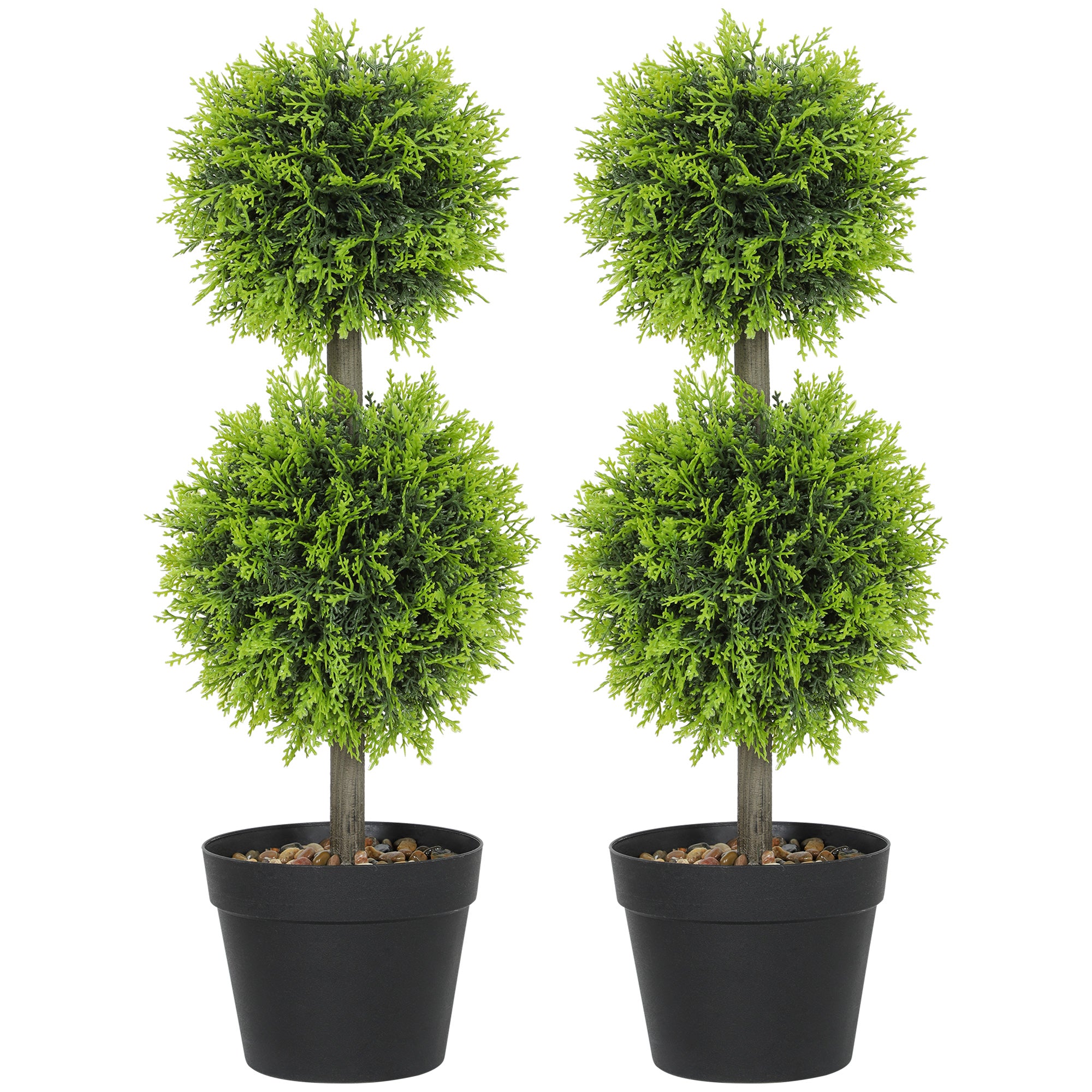 HOMCOM Set of 2 Decorative Artificial Plants, 60cm Faux Topiary Cypress Ball Trees with Plastic Pot and Pebbles, Fake Plants for Home Office Decor, Green