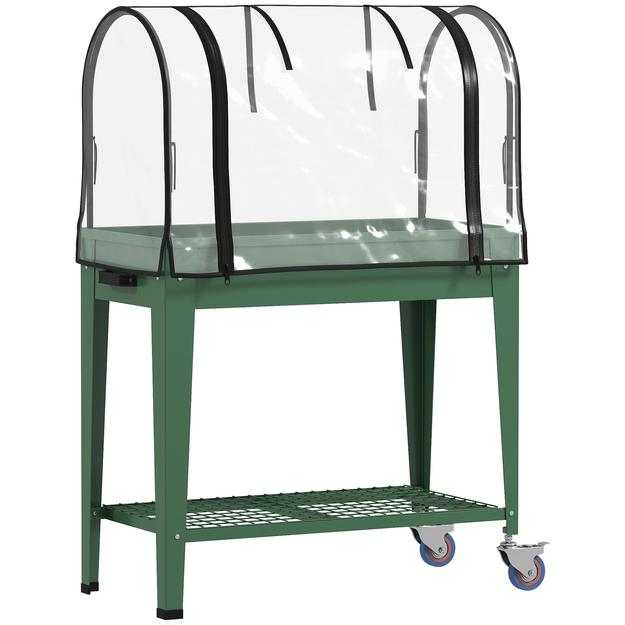 Outsunny Raised Planter with Greenhouse Cover, Mobile Elevated Garden Bed with Wheels and Bottom Shelf for Vegetables, Green