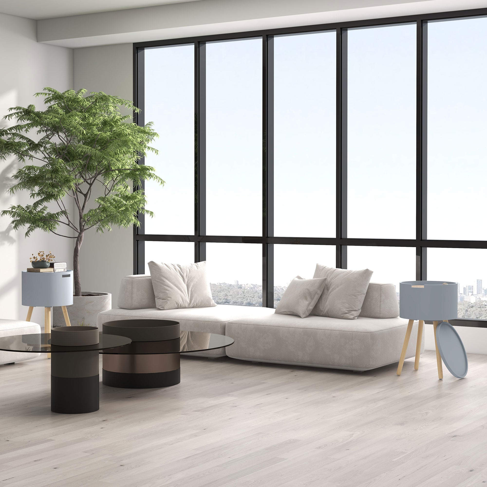 HOMCOM Modern Side Table with Hidden Storage Space, Round Night Stand with Removable Tray Wood Frame End Coffee Table for Living Room, Set of 2, Grey - North Peak Garden Furniture