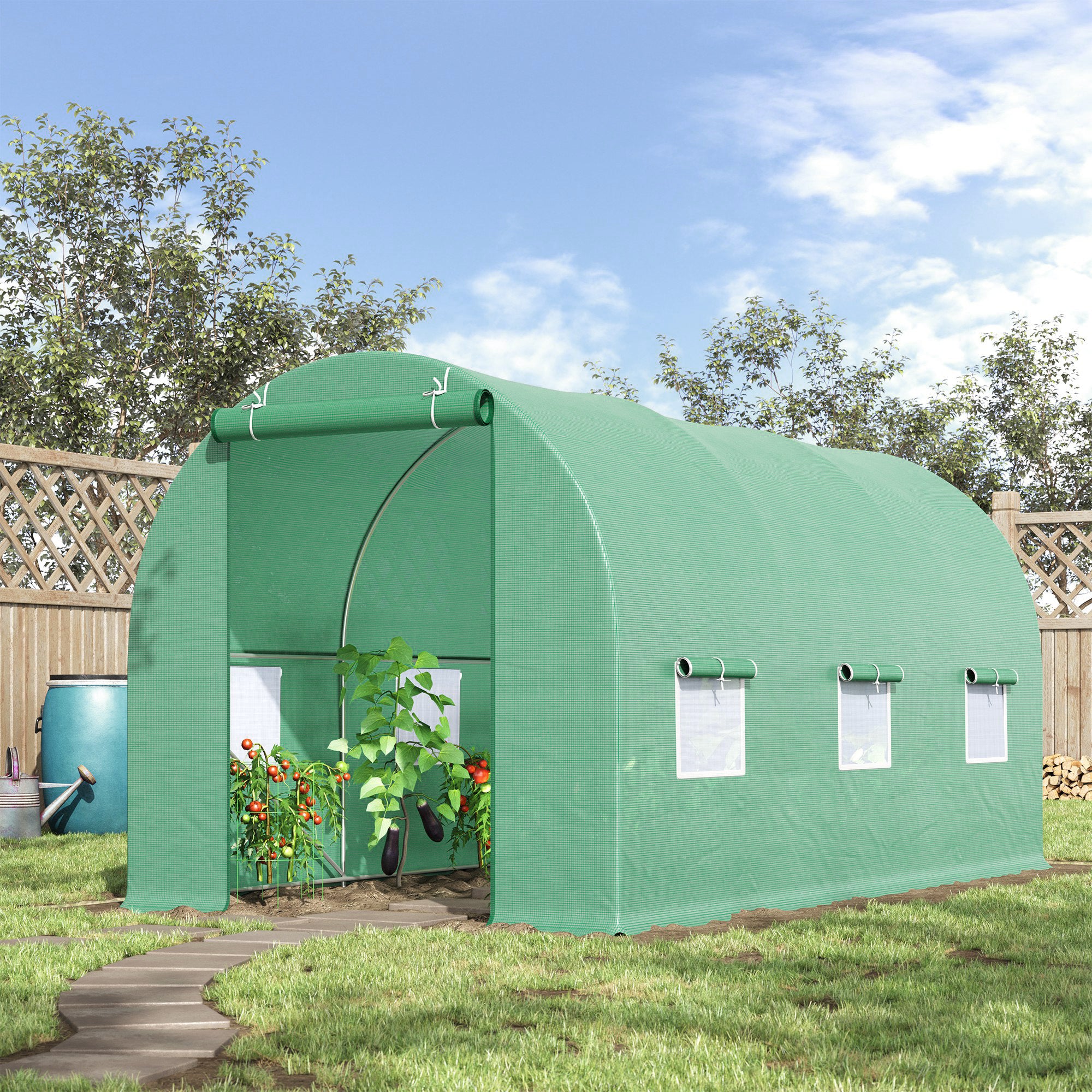 Outsunny 4.5m x 2m x 2m Walk-in Tunnel Greenhouse Garden Plant Growing House with Door and Ventilation Window, Green - North Peak Garden Furniture