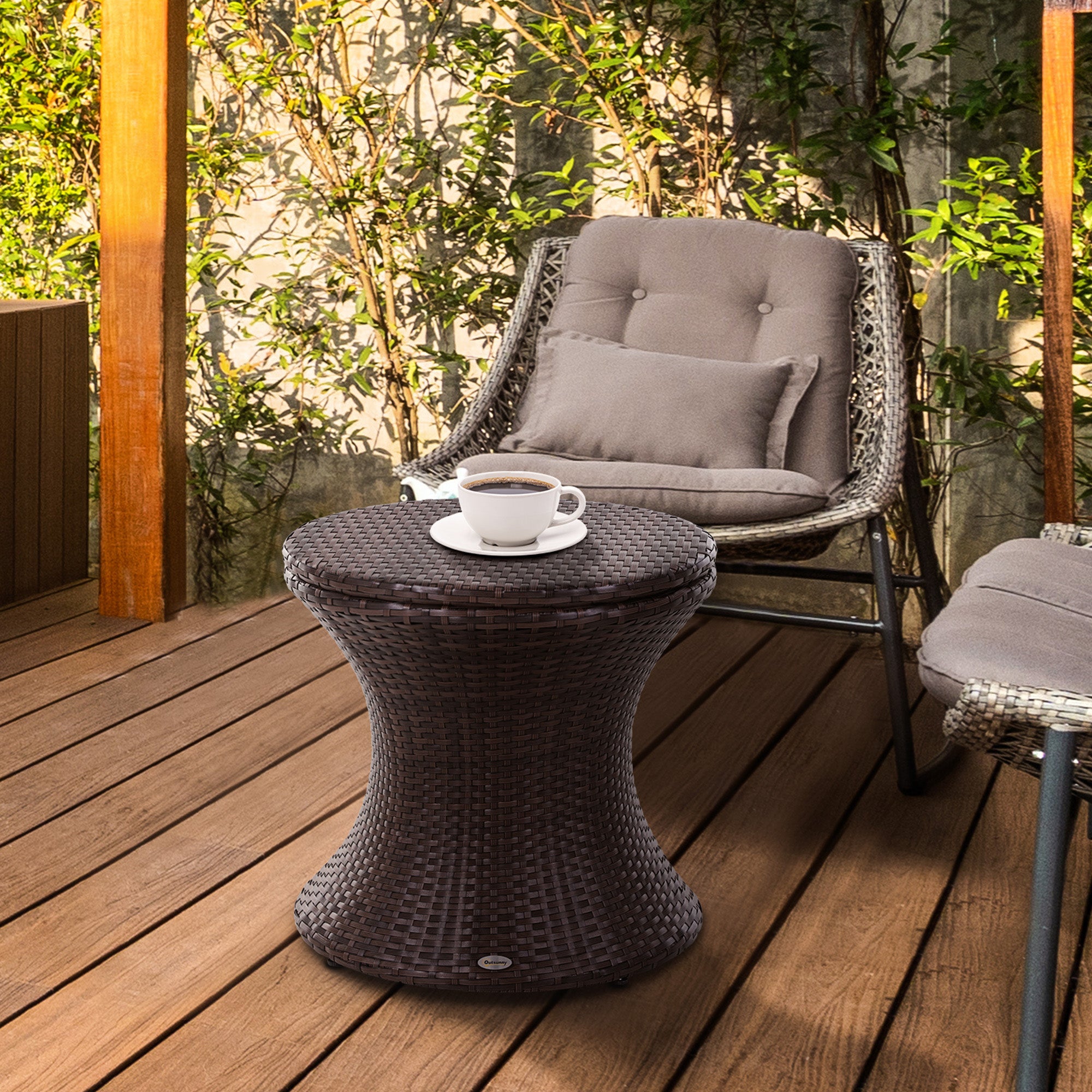 Outsunny PE Rattan Ice Bucket Table, Outdoor Round Liftable Beer Cooler, Cocktail Tables for Bar, Patio, Deck, Pool, Brown - North Peak Garden Furniture