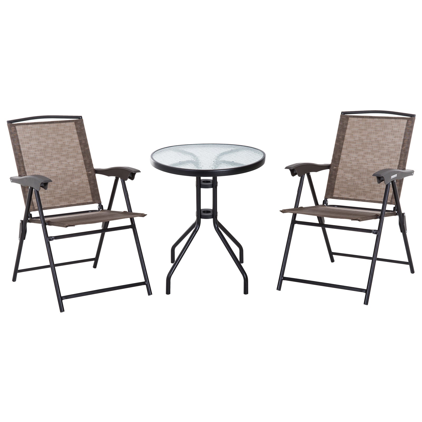 Outsunny 3 Piece Outdoor Bistro Set, Patio Conversation Furniture Set with 2 Folding Backrest Adjustable Armchairs and Glass Top Coffee Table, Brown - North Peak Garden Furniture