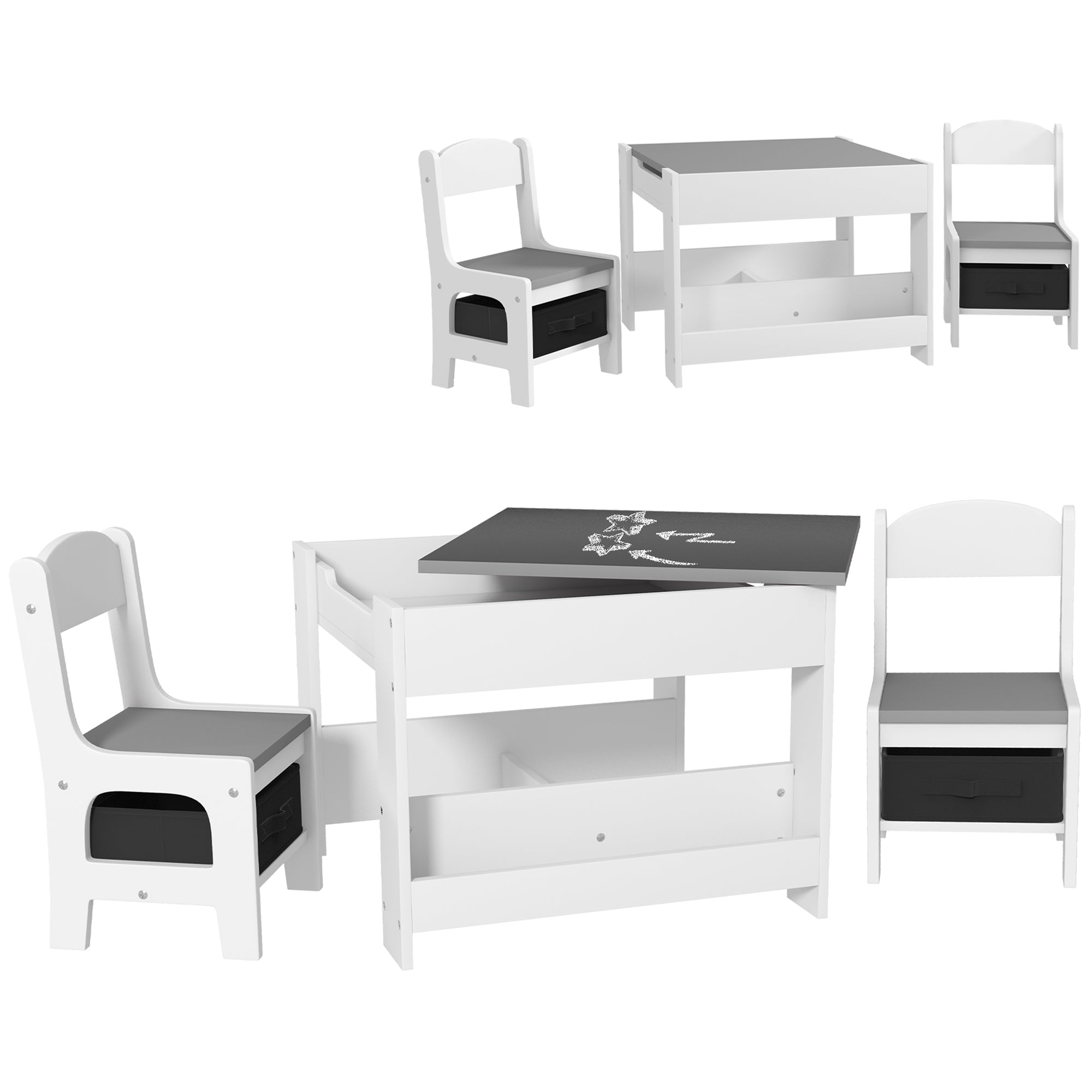 HOMCOM Three-Piece Kids Table and Chair Set with Blackboard, Storage, Bookshelves - Grey - North Peak Garden Furniture