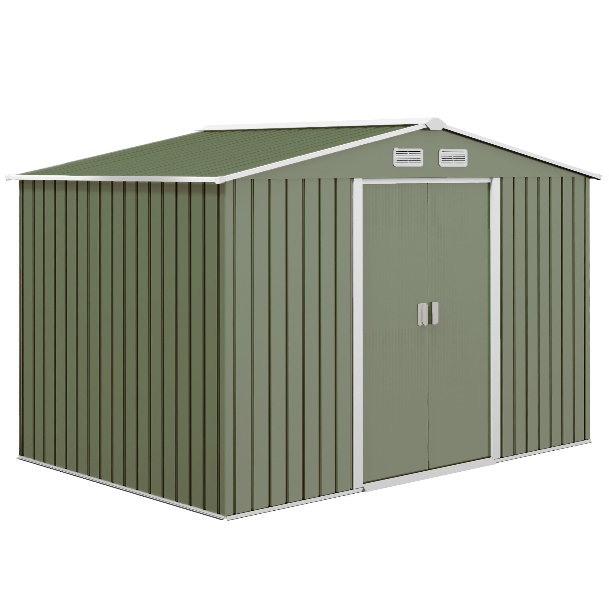 Outsunny 9 x 6ft Metal Garden Shed, Outdoor Storage Tool House with Ventilation Slots, Foundation Kit and Lockable Double Doors, Light Green - North Peak Garden Furniture
