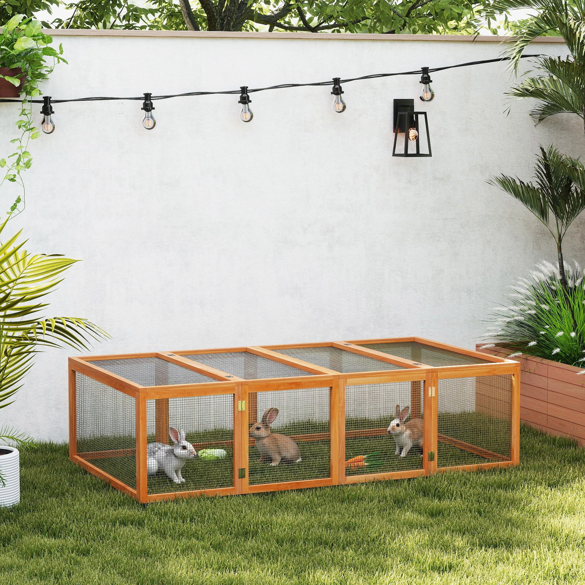Pawhut Rabbit Run Wooden Rabbit Hutch Cage 6ft with Wire Mesh, Openable Roof, Play Space for Outdoor, 181 x 100 x 48 cm