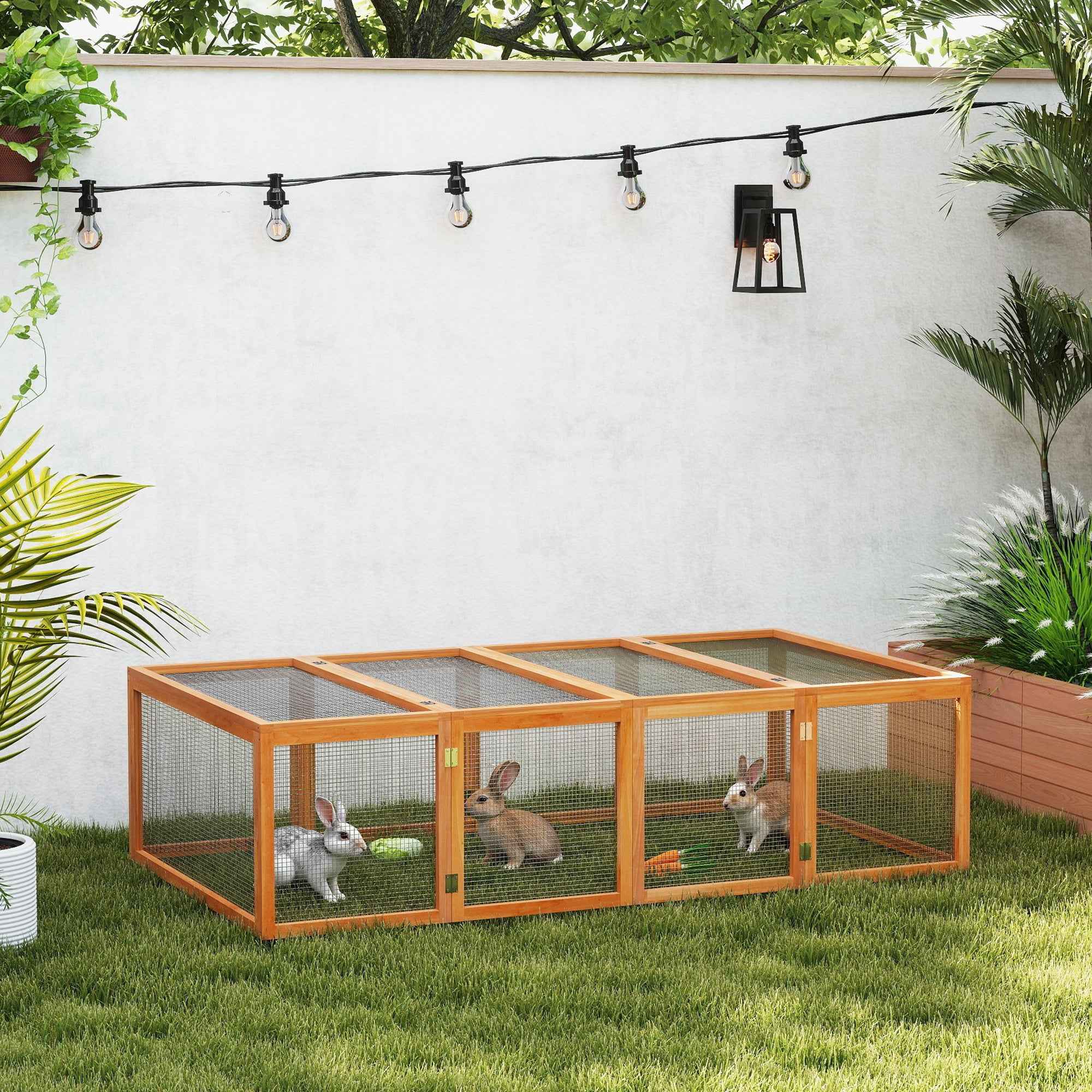 Pawhut Rabbit Run Wooden Rabbit Hutch Cage 6ft with Wire Mesh, Openable Roof, Play Space for Outdoor, 181 x 100 x 48 cm