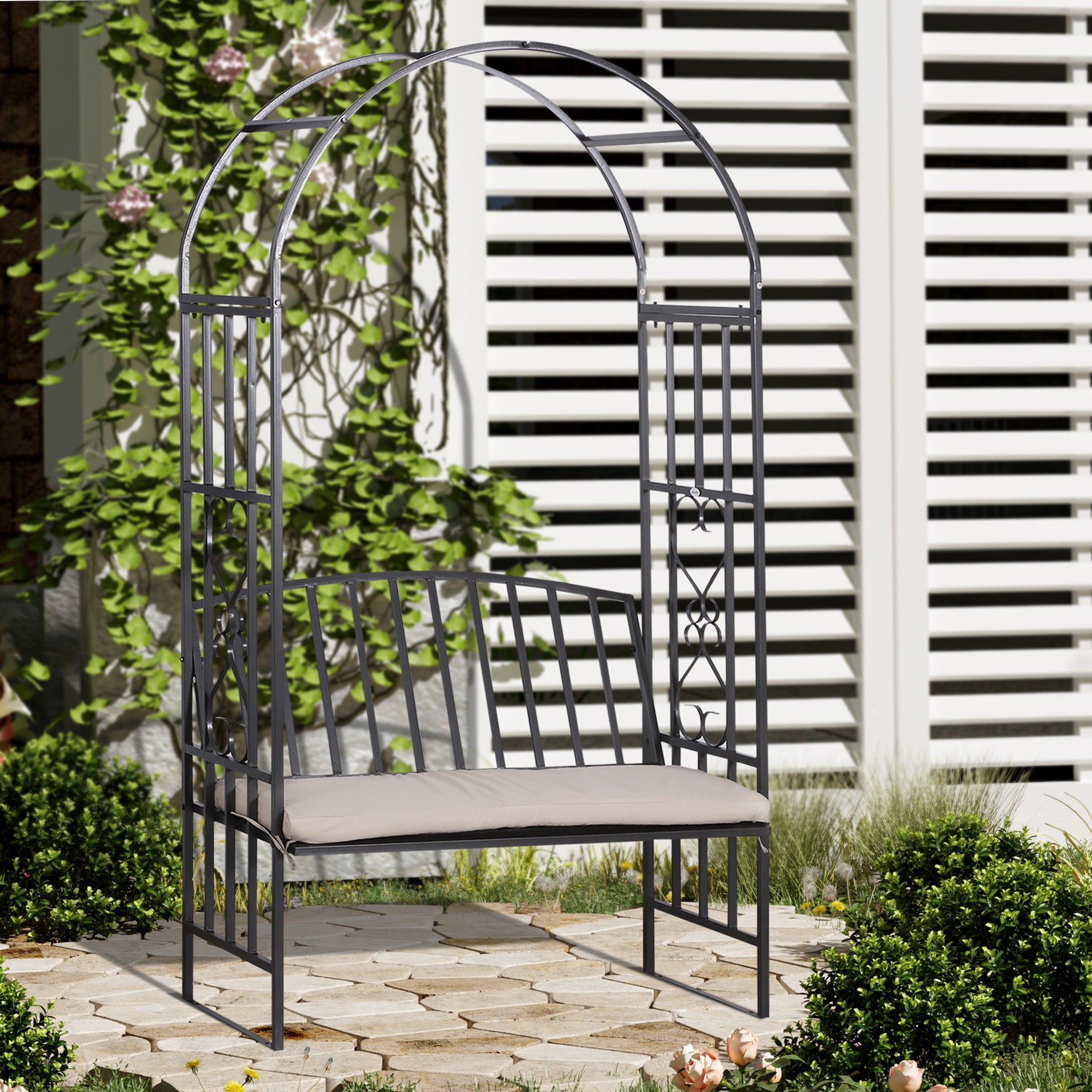 Outsunny Metal Frame Bench W/Arch, 114Lx60Wx206H cm-Grey - North Peak Garden Furniture