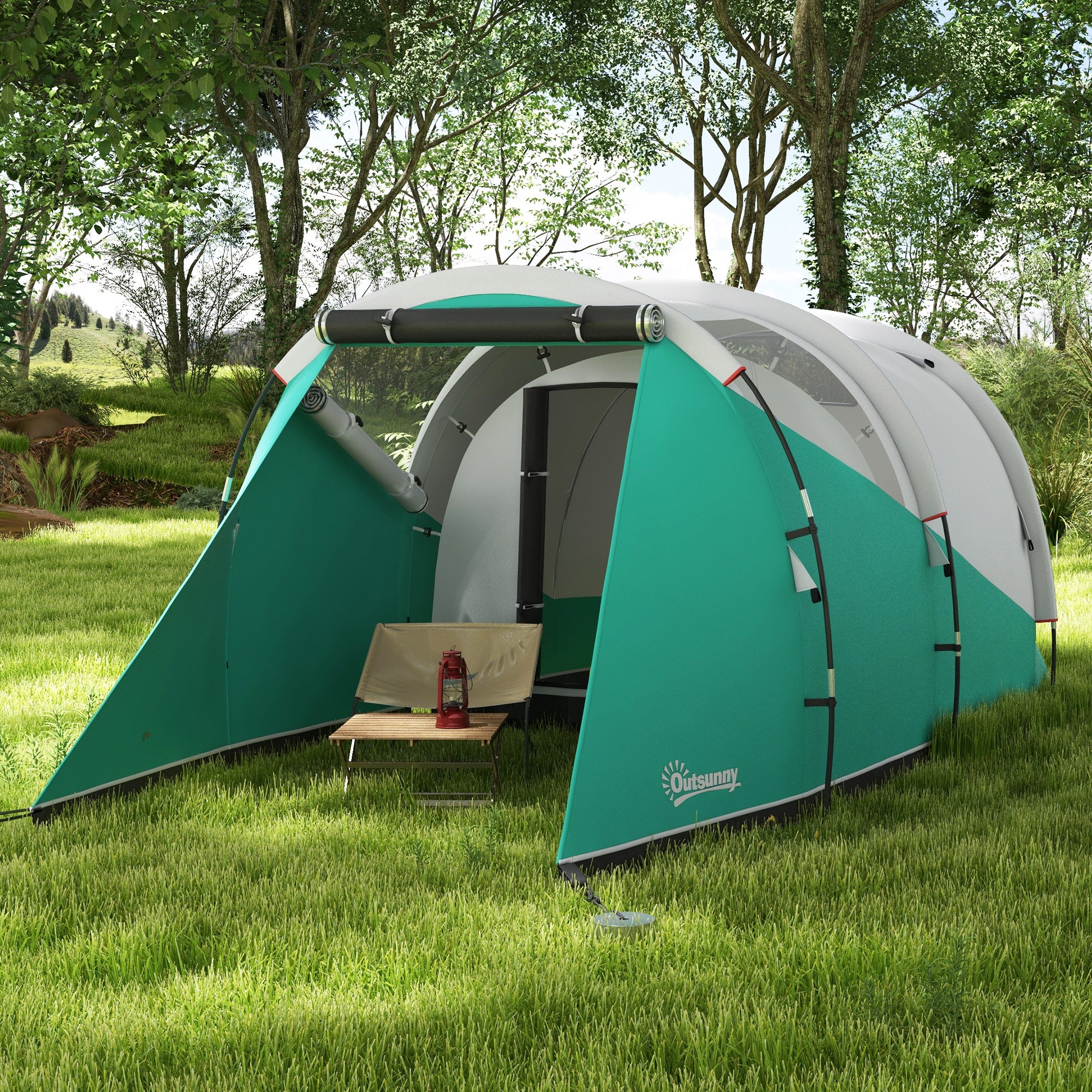 Outsunny Three-Man, 3000mm Water-Resistant Two-Room Tunnel Tent - Green - North Peak Garden Furniture