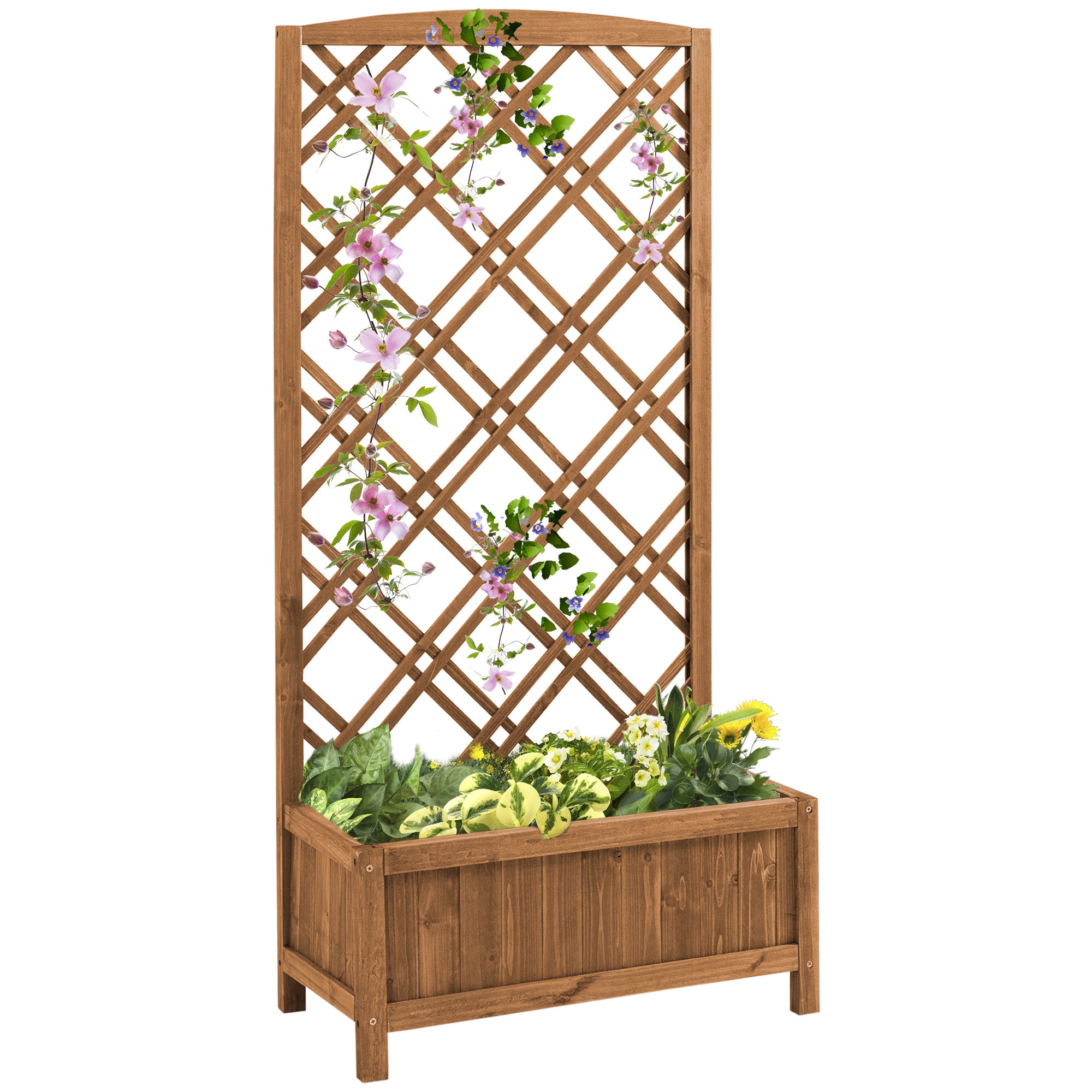 Outsunny Garden Planter with Trellis, Wooden Raised Bed for Garden with Lattice Trellis for Vegetables, Herbs and Flowers, Brown