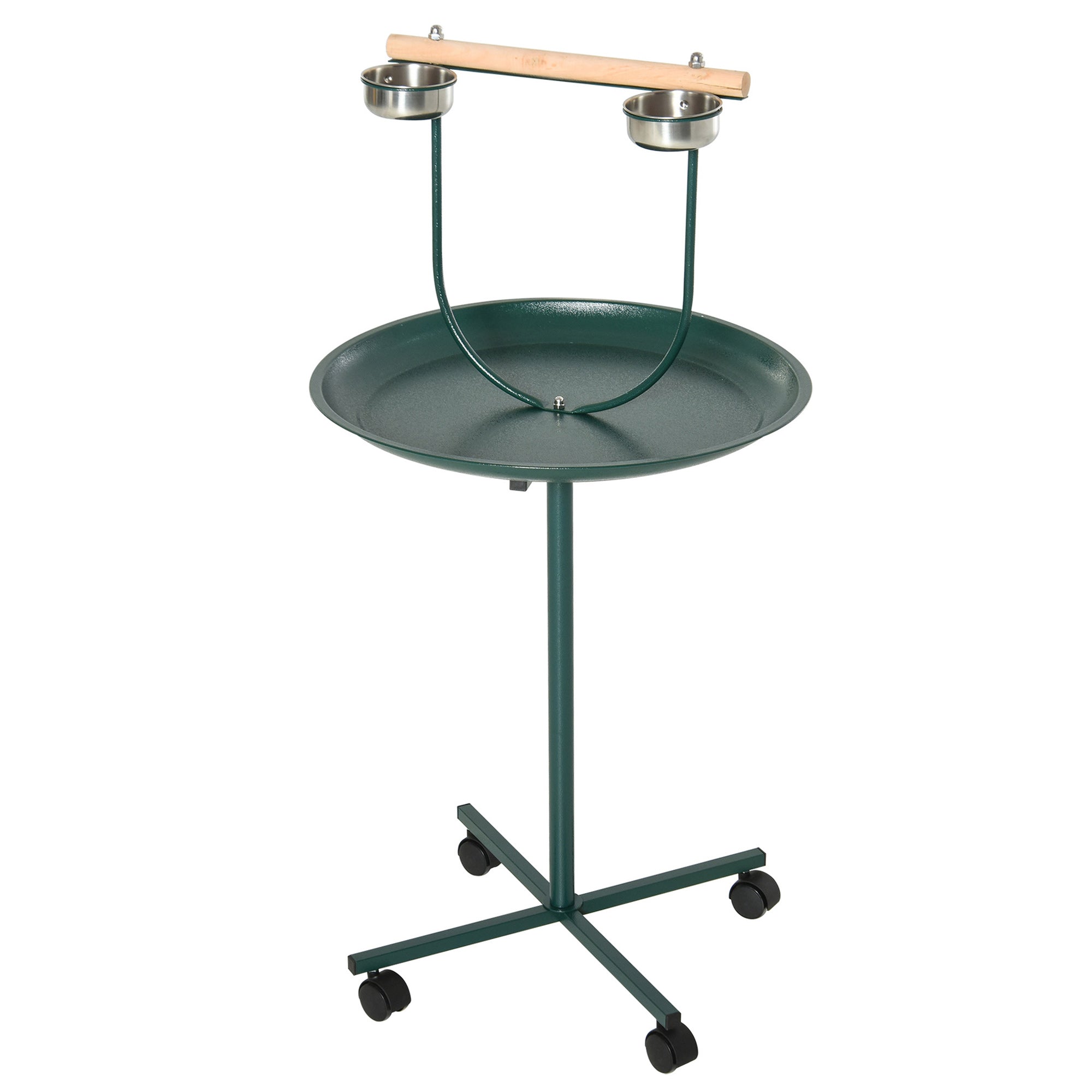 PawHut Bird Perch Stand with Perch, Four Wheels, Feeding Bowls for Small & Medium Birds, Green - North Peak Garden Furniture
