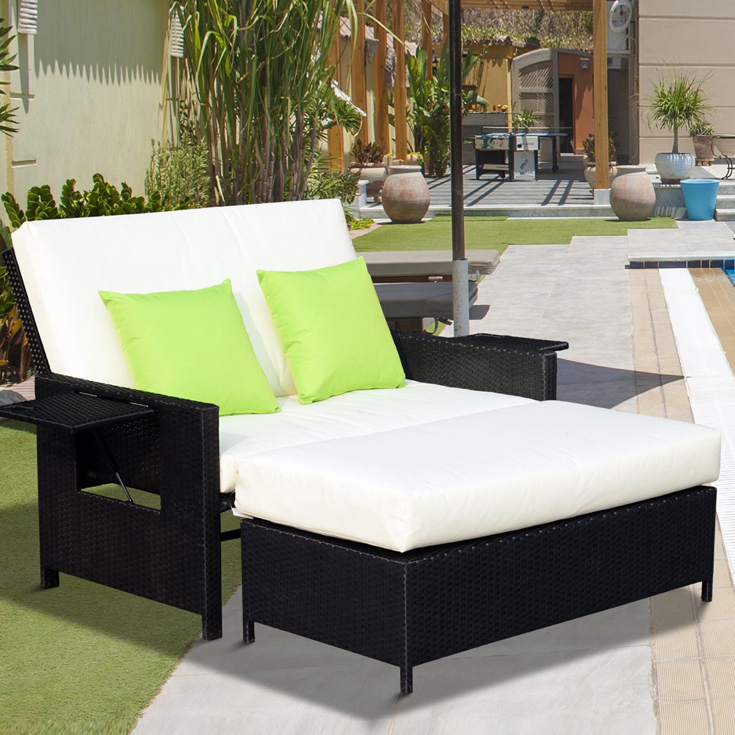 Outsunny Rattan 2-Seater Sofa Sun Lounger Bed-Black - North Peak Garden Furniture