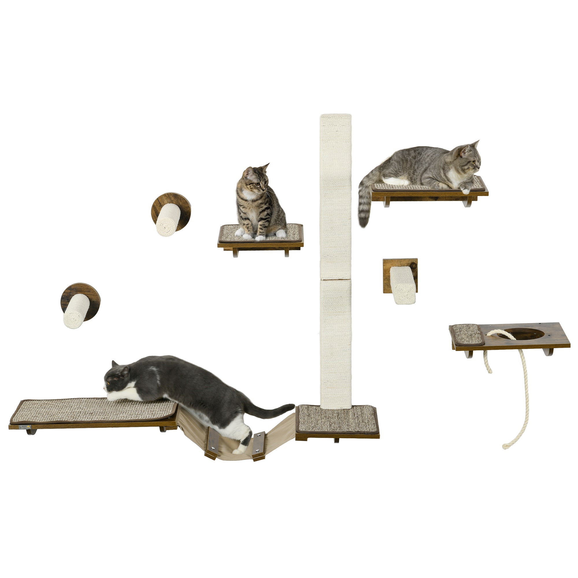 PawHut 8Pcs Wall Mounted Cat Tree with Scratching Posts, Perches, Ladder, for Sleeping, Playing, Lounging - Brown - North Peak Garden Furniture