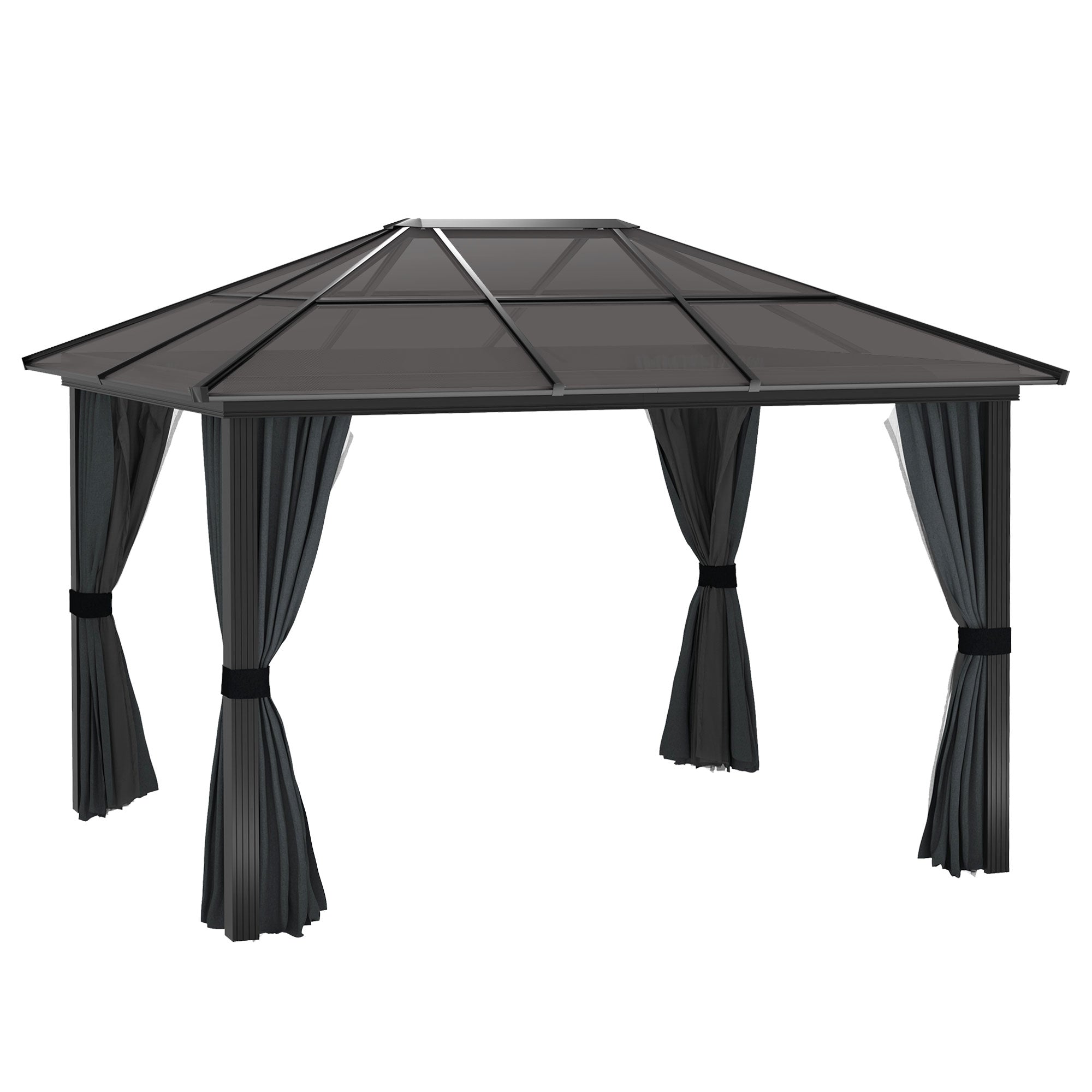 Outsunny 3 x 3.6m Hardtop Gazebo Canopy with Polycarbonate Roof, Aluminium Frame, Permanent Pavilion Garden Gazebo with Netting and Curtains for Patio, Deck, Dark Grey - North Peak Garden Furniture