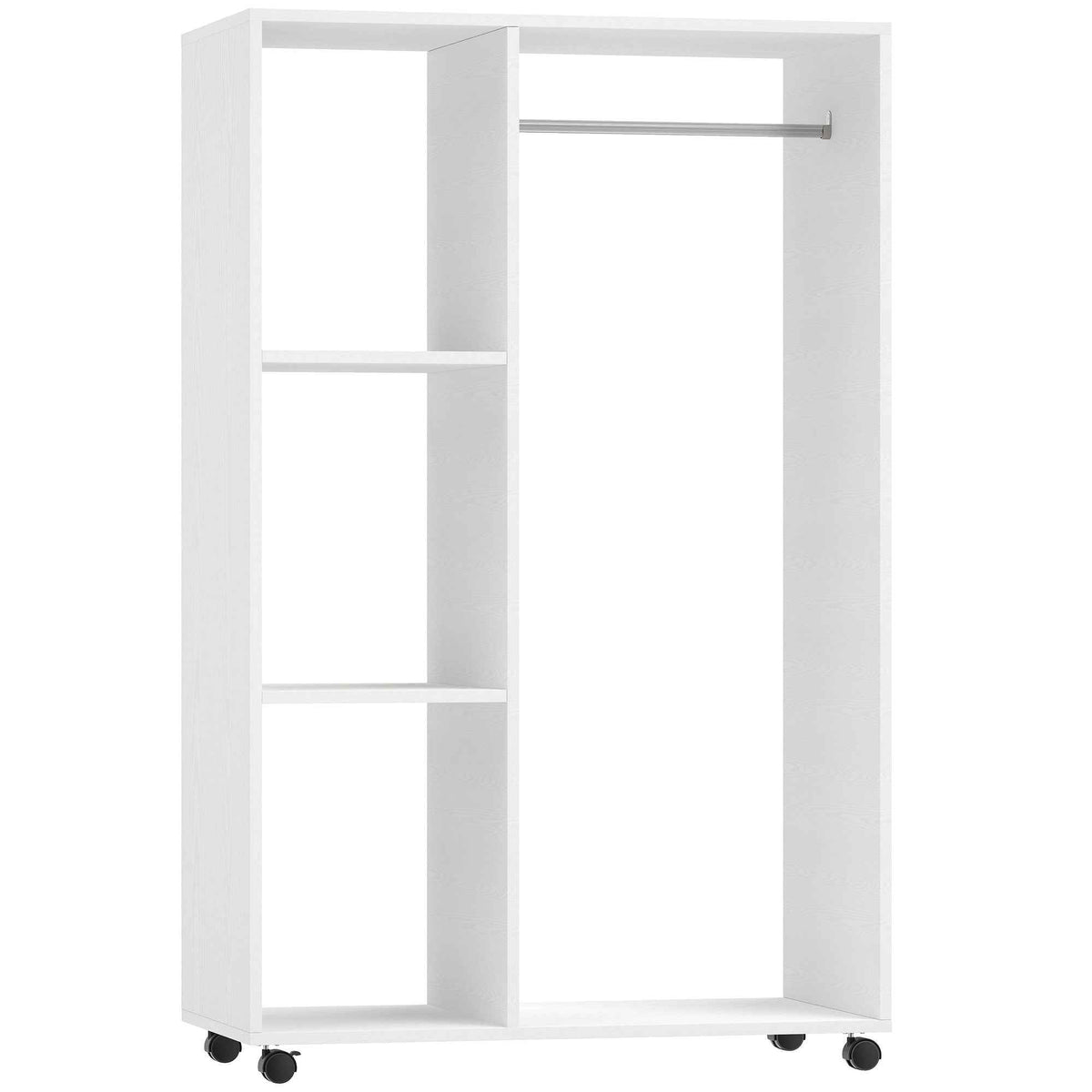 HOMCOM Open Wardrobe on Wheels with Clothes Rail, Bedroom Clothes Storage with Hanging Rod, 3 Storage Shelves, Mobile Garment Rack for Cloakroom, Hallway, White