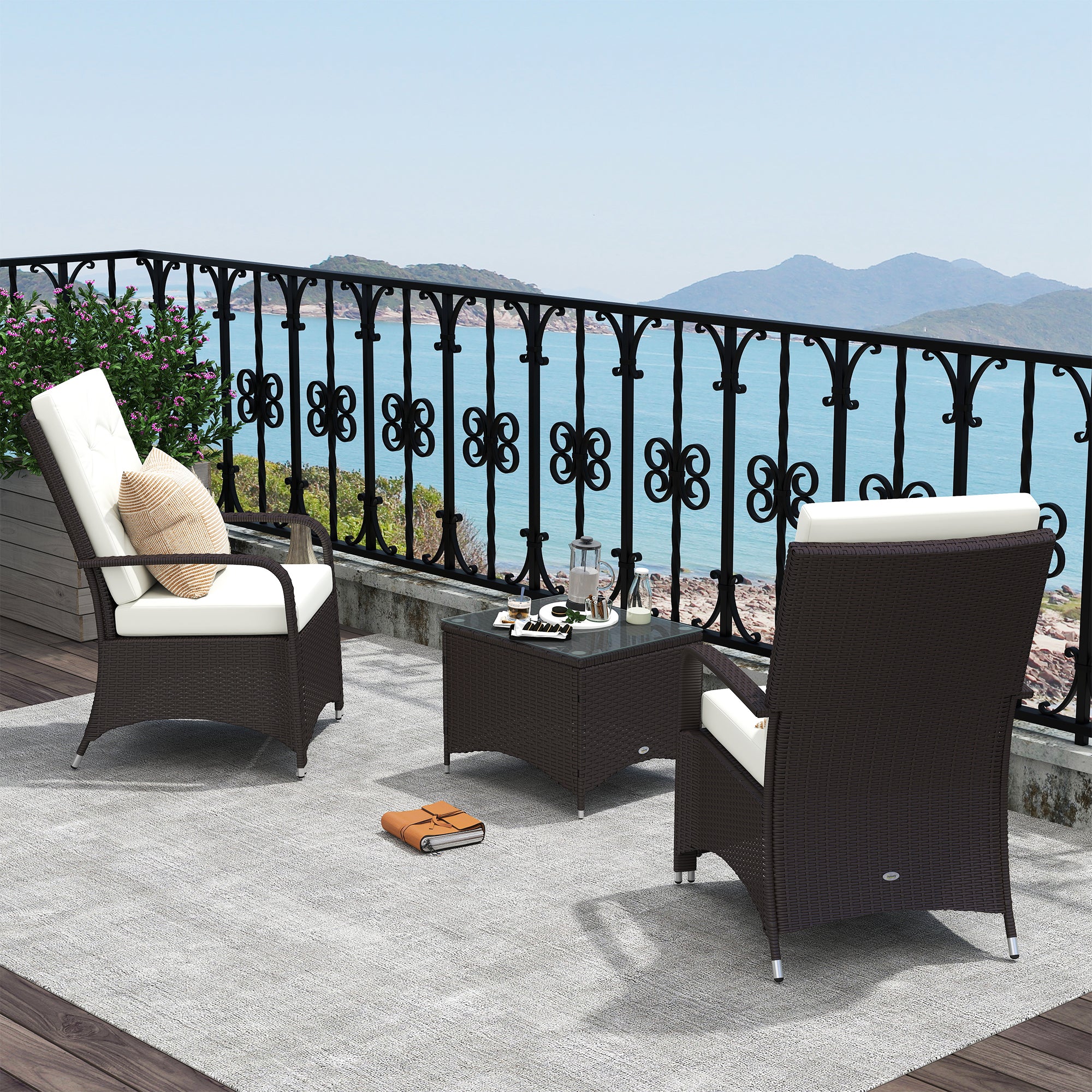 Outsunny 3 Pieces Rattan Bistro Set with Furniture Cover, Wicker Garden Furniture Set, Glass Top Coffee Table and Chairs with Cushions for Outdoor, Patio, Balcony, Cream White - North Peak Garden Furniture