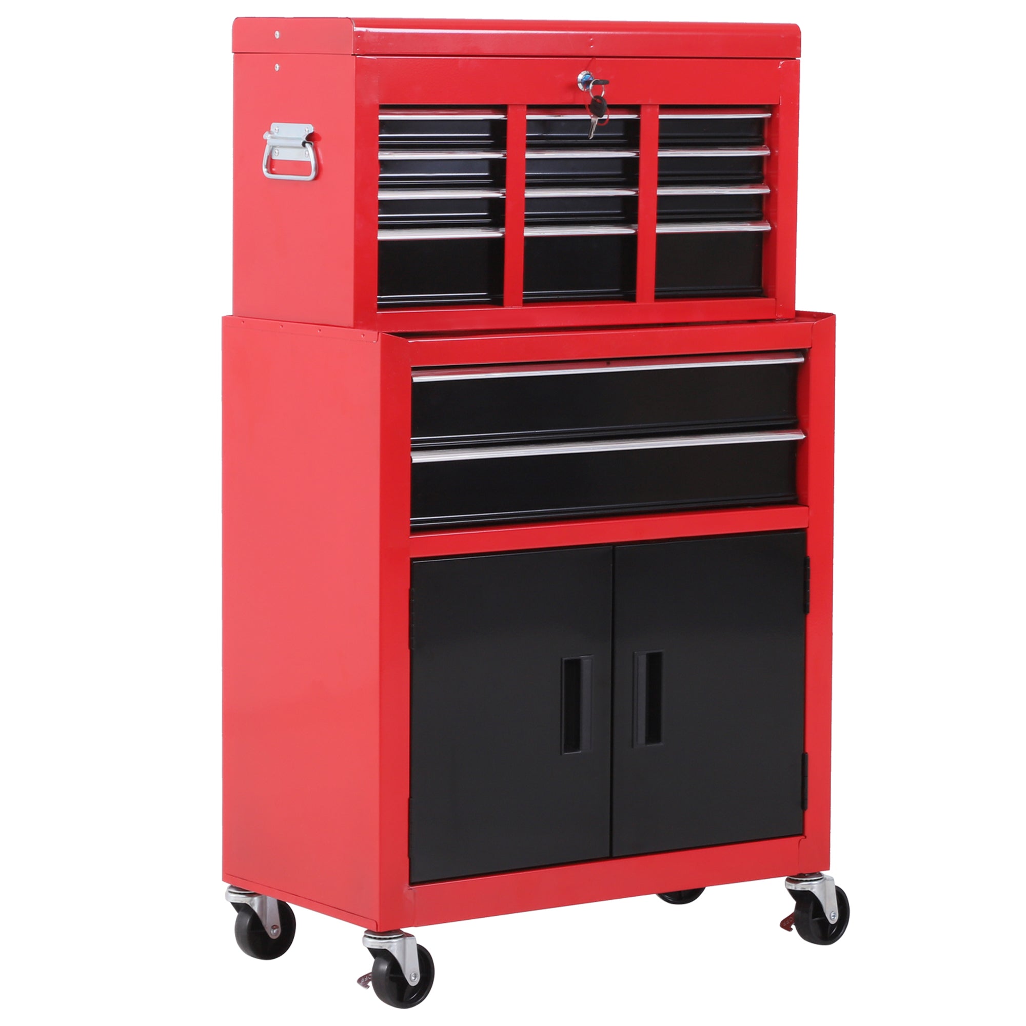 HOMCOM Tool Chest, Metal Tool Cabinet on Wheels with 6 Drawers, Pegboard, Top Chest and Roller Cabinet Combo, 61.6 x 33 x 108cm, Red - North Peak Garden Furniture