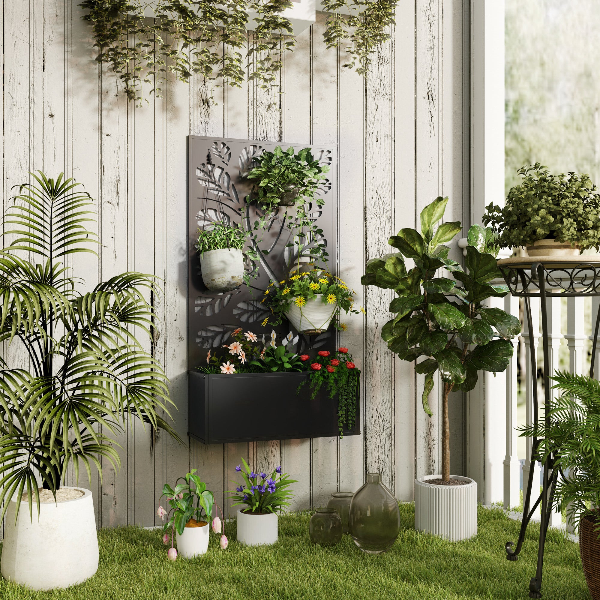 Outsunny Outdoor Metal Planter, with Back Trellis - Black - North Peak Garden Furniture