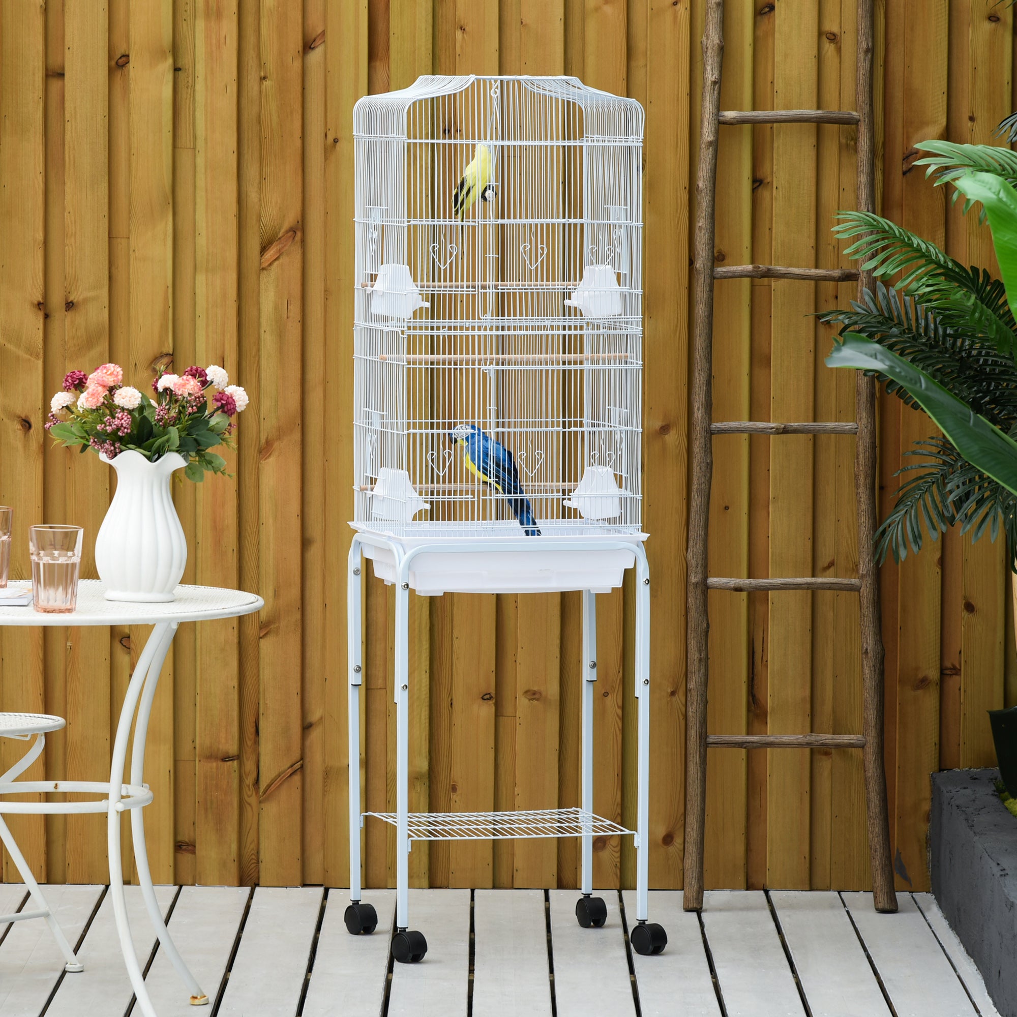 PawHut Bird Cage Budgie Cages for Finch Canary Parakeet with Stand Wheels Slide-out Tray Accessories Storage Shelf, White 46.5 x 36 x 157 cm - North Peak Garden Furniture