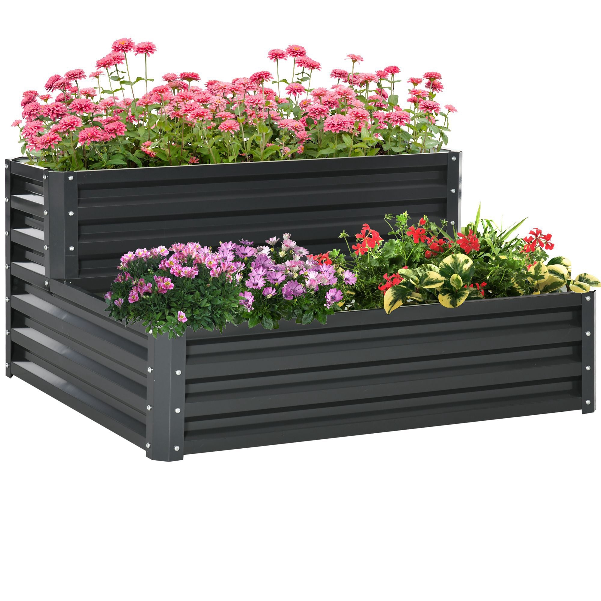 Outsunny 2 Tier Raised Garden Bed, Galvanised Planter Box with Open Bottom for Vegetables Flowers Herbs, 120x101x58cm, Dark Grey - North Peak Garden Furniture