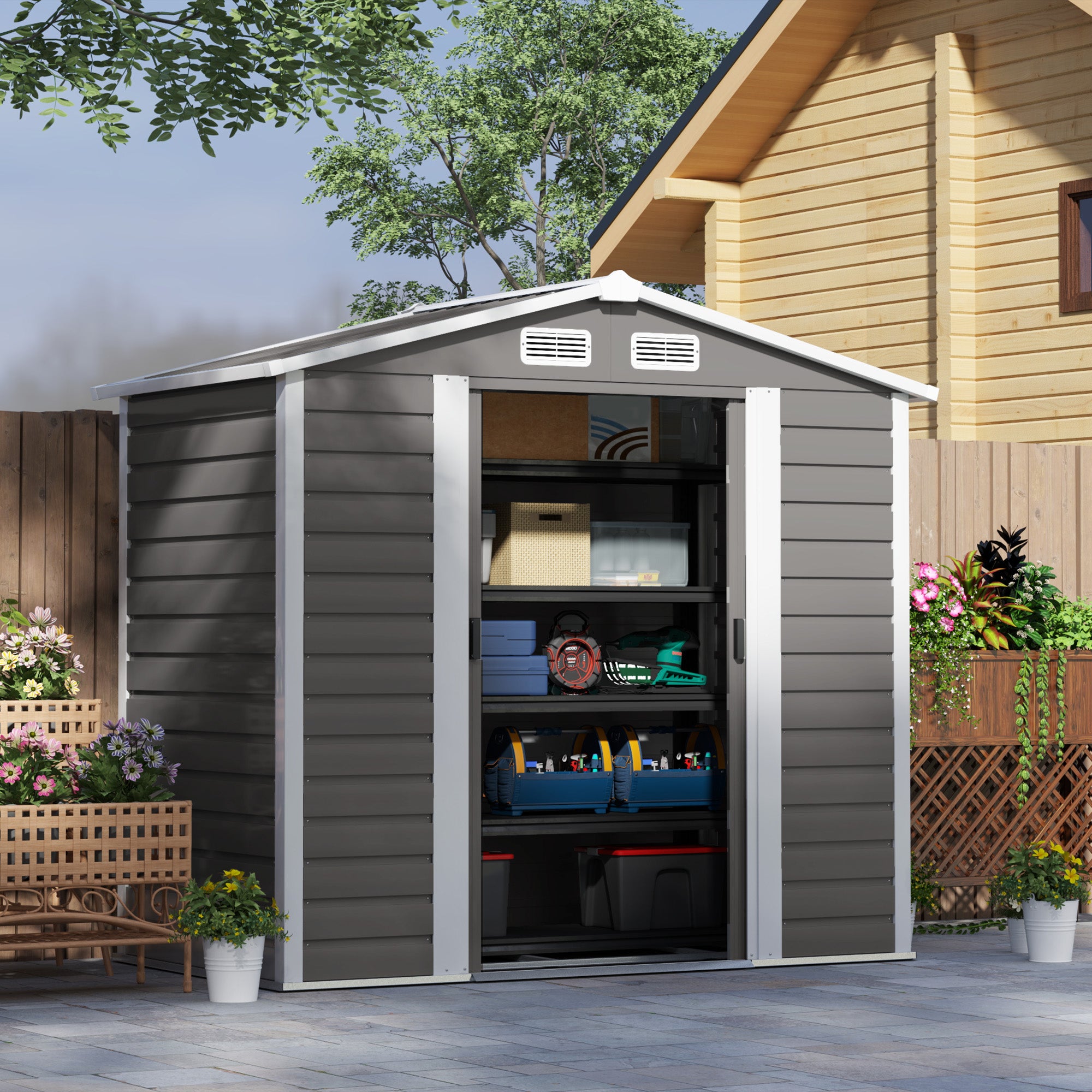 Outsunny 7 x 4ft Garden Shed, Easy to Assemble, Upgraded Galvanised Steel Frame with Foundation Kit, Double Doors with Lock, Outdoor Metal Shed with Vents and Gloves, Garden Storage Shed, Light Grey - North Peak Garden Furniture