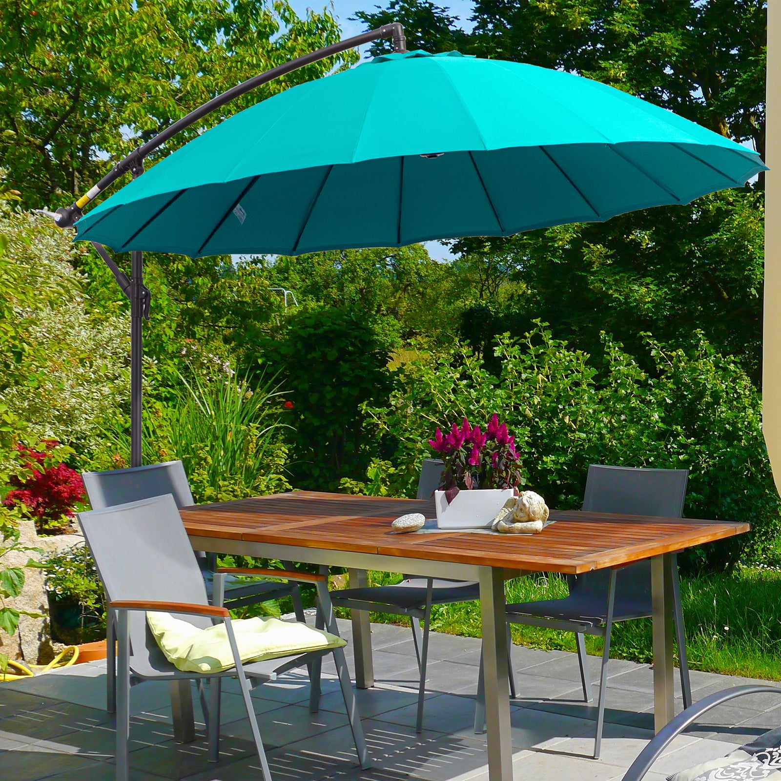 Outsunny 3(m) Cantilever Umbrella 18 Ribs & Vents Adjustable Angle for Patio Green - North Peak Garden Furniture